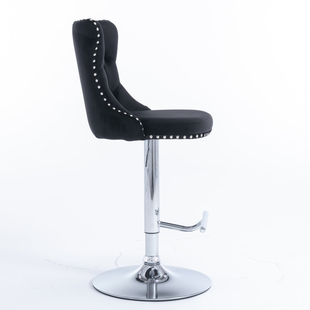 Adjustable Height Swivel Bar Stool with Footrest - Velvet Upholstery & Chrome Base - Modern Kitchen Island & Home Bar Stool - Black