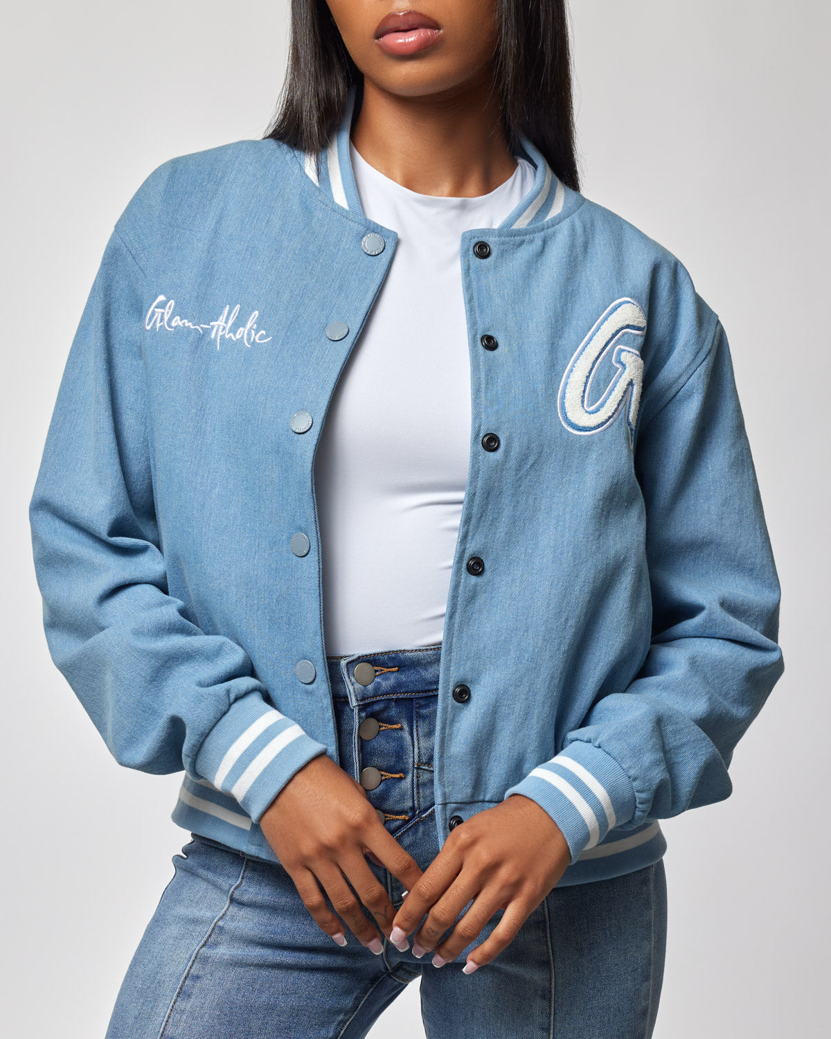 Stylish Denim Varsity Jacket for Men & Women - Trendy Retro Baseball Letterman Jacket with Ribbed Collar - Perfect for Casual Wear, School Spirit Days & Vintage Fashion Outfits
