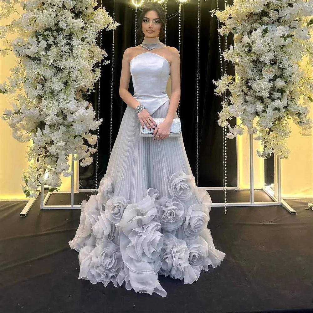 Elegant Gray Halter Draped A-Line Evening Gown with 3D Floral Appliques - Perfect for Prom, Wedding Guest & Formal Events