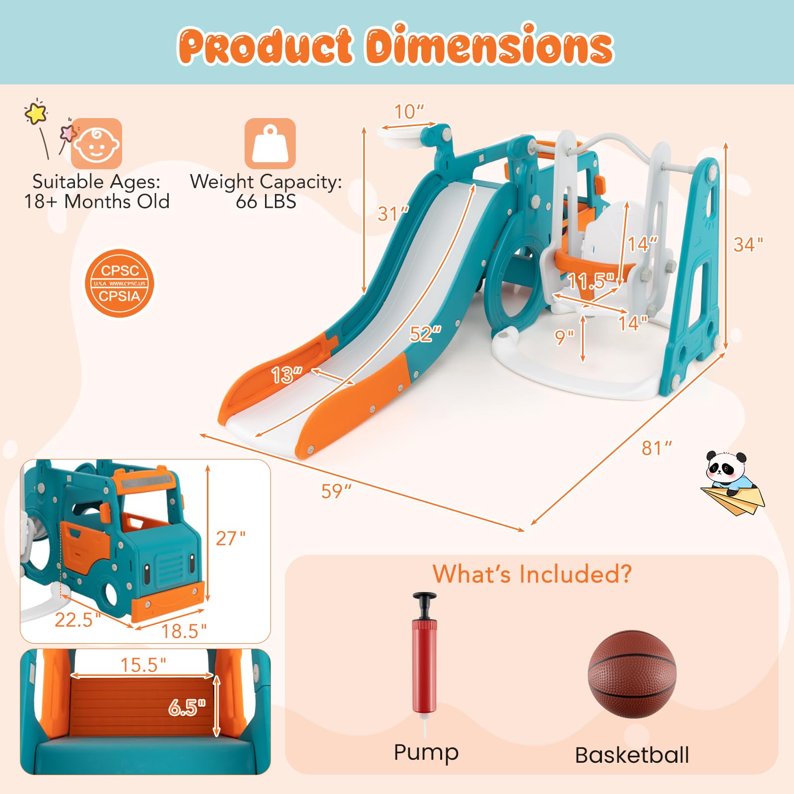 Costzon 6-in-1 Toddler Slide and Swing Set with Basketball Hoop & Crawling Tunnel - Indoor/Outdoor Kids Climber Playset for Boys & Girls Ages 1-5 - Perfect Backyard Playground Gift for Birthdays & Holidays (Great for Outdoor Play, Exercise & Early Childhood Development)
