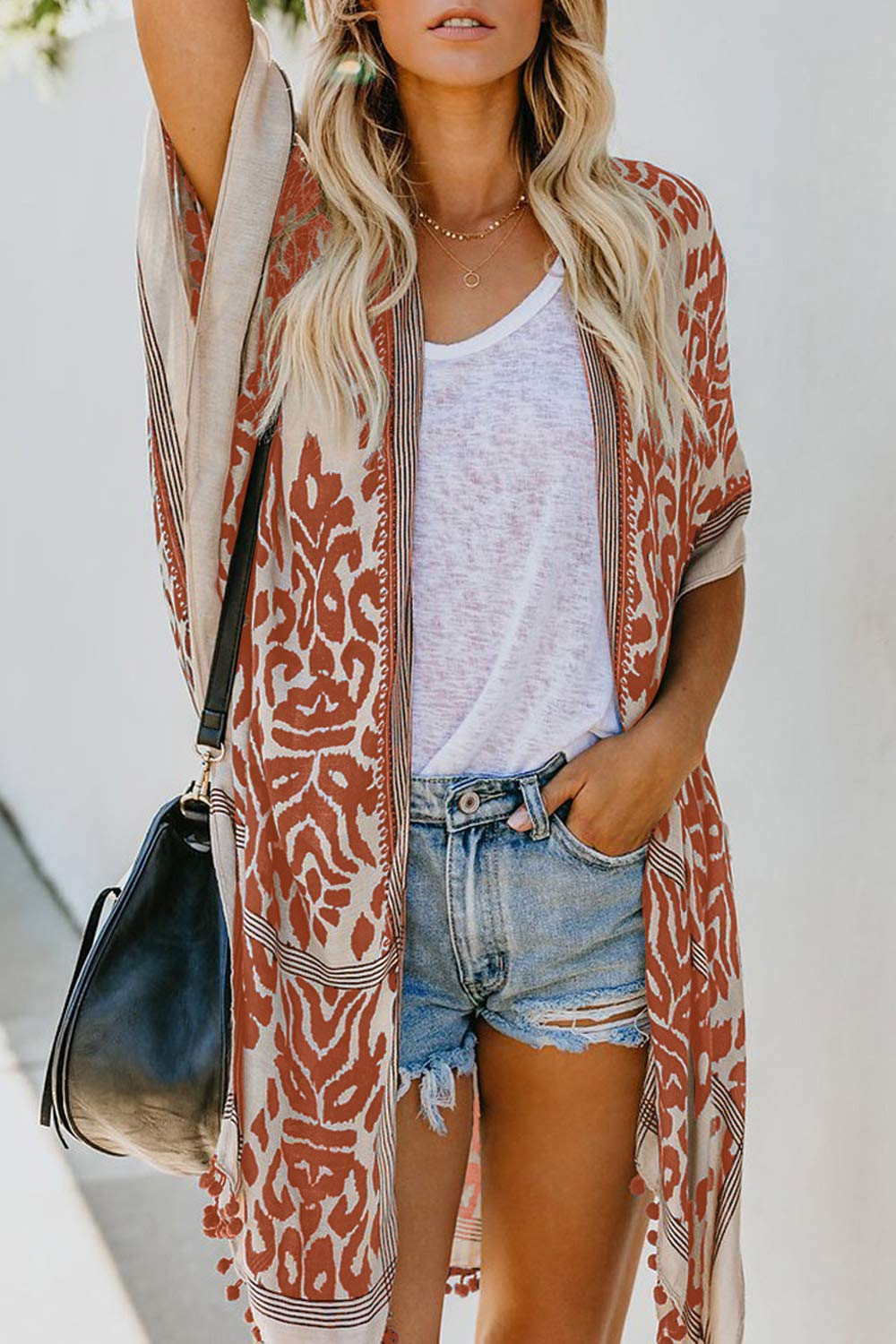 Women's Floral Print Kimono Beach Cover Up - Lightweight Tassel Cardigan for Swimsuits, Summer Outfits & Casual Wear - Perfect for Poolside, Vacations & Boho Fashion (C-Orange)