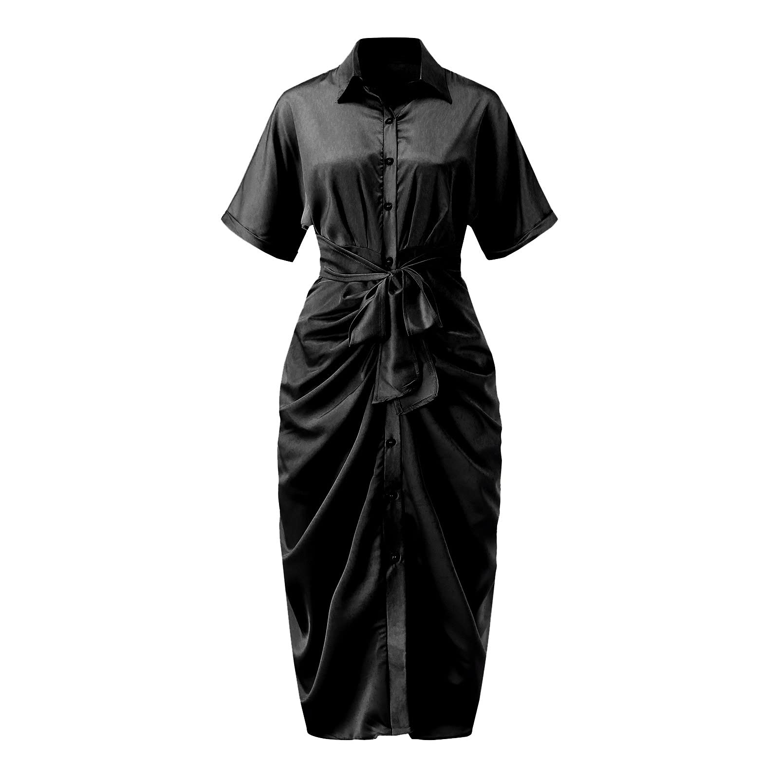 Women's Button Down Shirt Dress - Solid Color Short Sleeve Slim Fit Midi Long Dress with Belt | Casual Office Wear & Summer Outfit