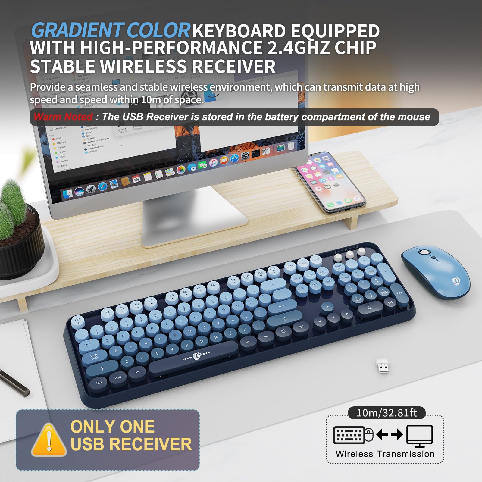 FOPETT 2.4G Wireless Keyboard Mouse Combo - 104 Round Key Retro Typewriter for PC/Laptop - Blue Gradient for Office/Home Use