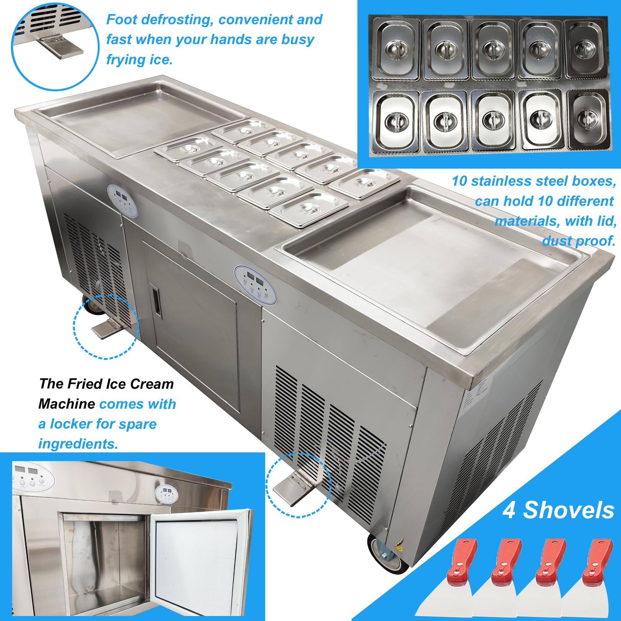 Commercial Electric Stainless Steel Rolled Ice Cream Maker Machine - Double Pot & Compressor for Fried Ice Cream & Yogurt - 10 Buckets with Lids (110V) - Perfect for Restaurants, Cafes & Dessert Shops