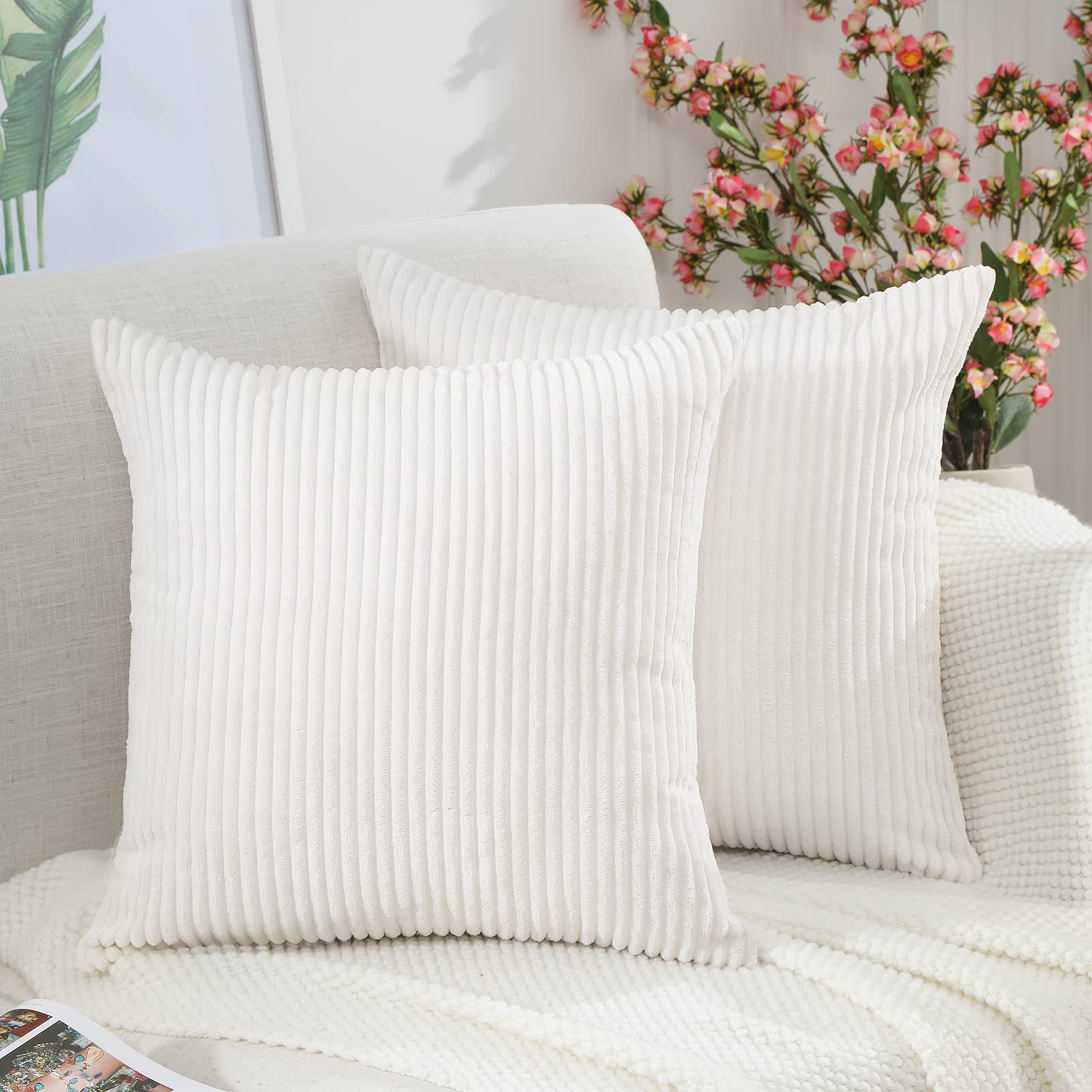 BeBen 18x18 Inch Corduroy Throw Pillow Covers Set of 2 - Soft Square Decorative Cushion Cases for Couch, Sofa, Bed, Bedroom & Car - Home Decor Accent Pillows (White) | Perfect for Living Room, Nursery & Cozy Home Styling