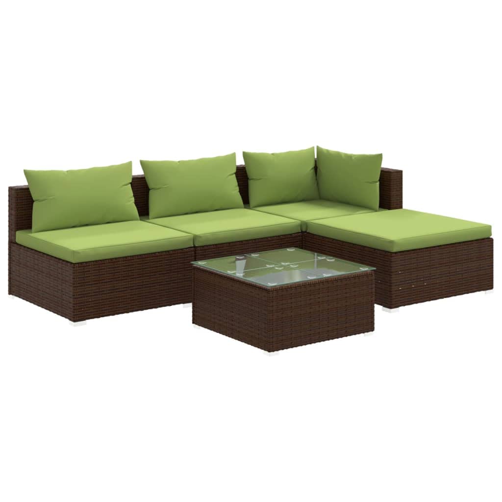 5-Piece Brown Poly Rattan Patio Lounge Set with Cushions - Outdoor Garden Sectional Sofa for Backyard, Poolside & Terrace Relaxation