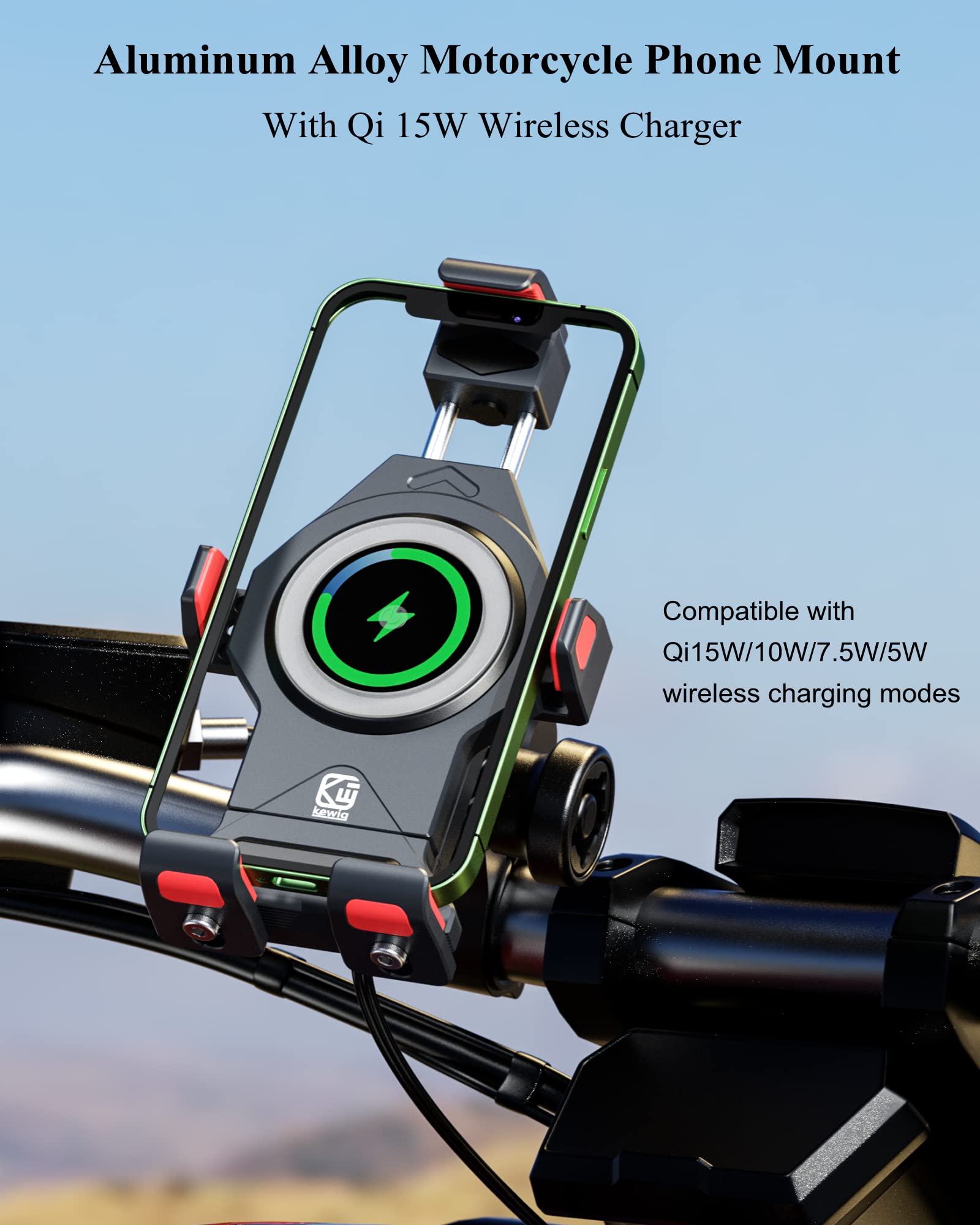 BRCOVAN Motorcycle Phone Mount with 15W Qi Wireless Charger & Vibration Dampener - Anti-Theft, Anti-Shake Adjustable Handlebar Holder for 4.7