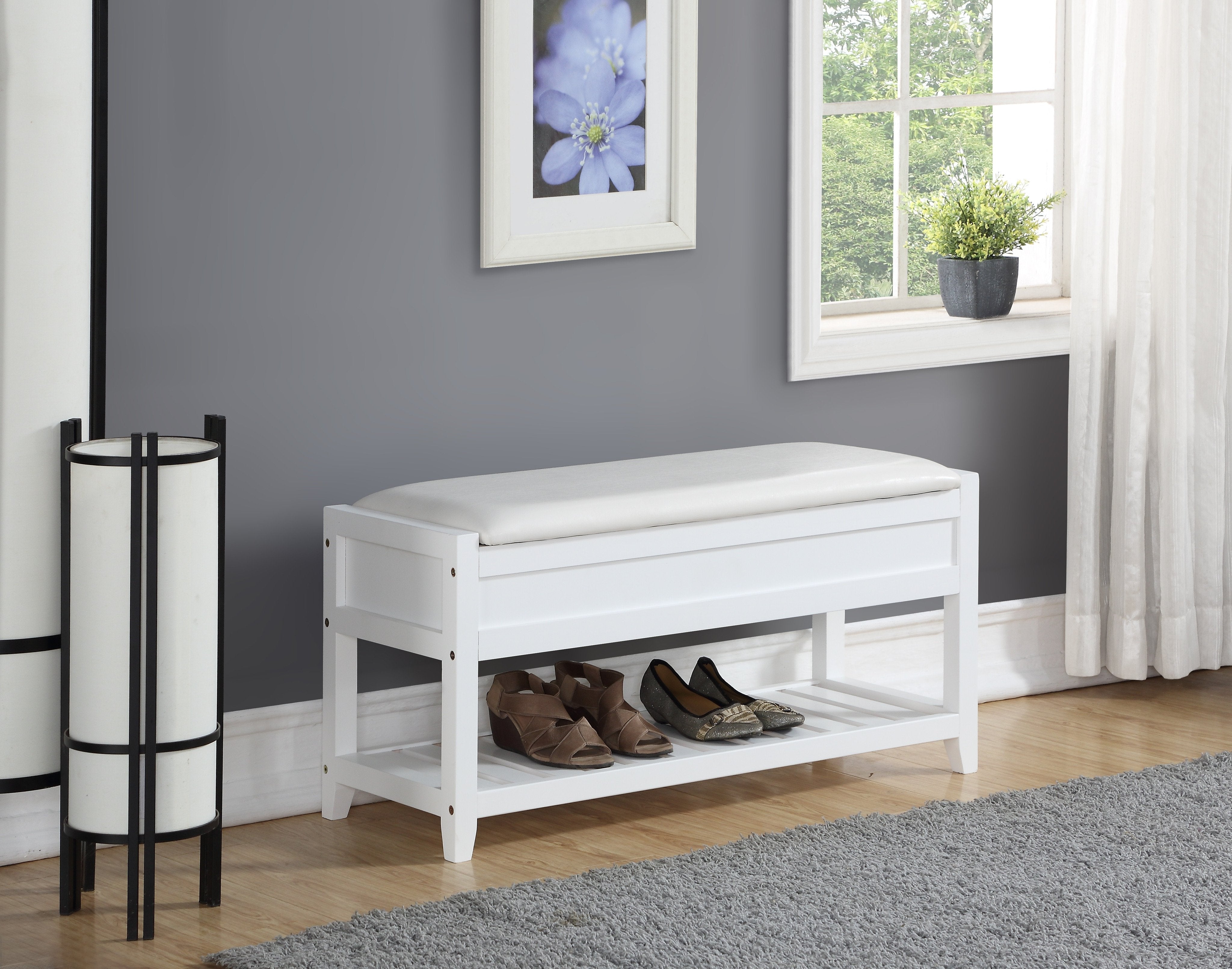 Roundhill Furniture Rouen Storage Bench with Shoe Organizer, Clean White - Perfect for Entryway, Bedroom & Mudroom Organization