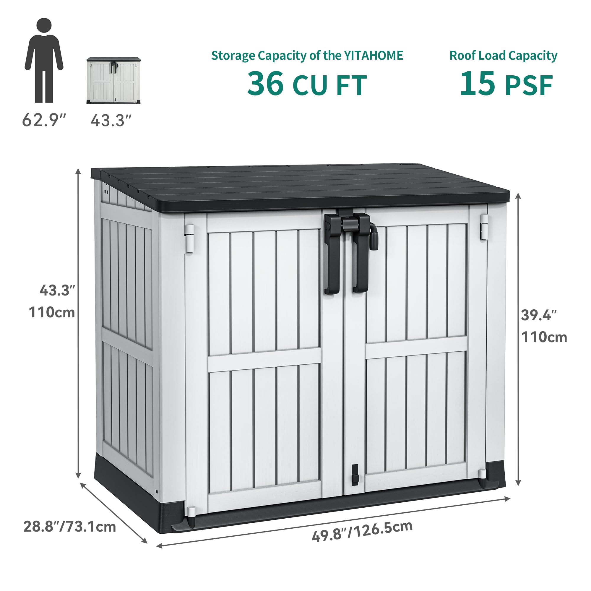 YITAHOME 36 cu ft Resin Outdoor Storage Shed - Weatherproof Horizontal Tool Shed with Lockable Doors & Ventilation - Perfect for Garden Tools, Trash Cans & Backyard Organization (Light Gray) | Ideal for Patio, Garage & Lawn Equipment Storage