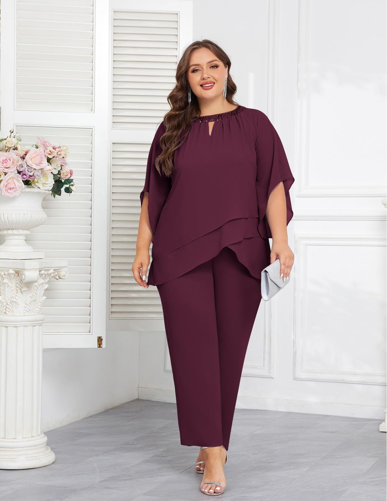 Hanna Nikole Plus Size Mother of the Bride Pant Suit - 2 Piece Chiffon Formal Pantsuit with Half Sleeves for Wedding Guest Outfit | Elegant Wedding Party Attire & Special Occasion Wear