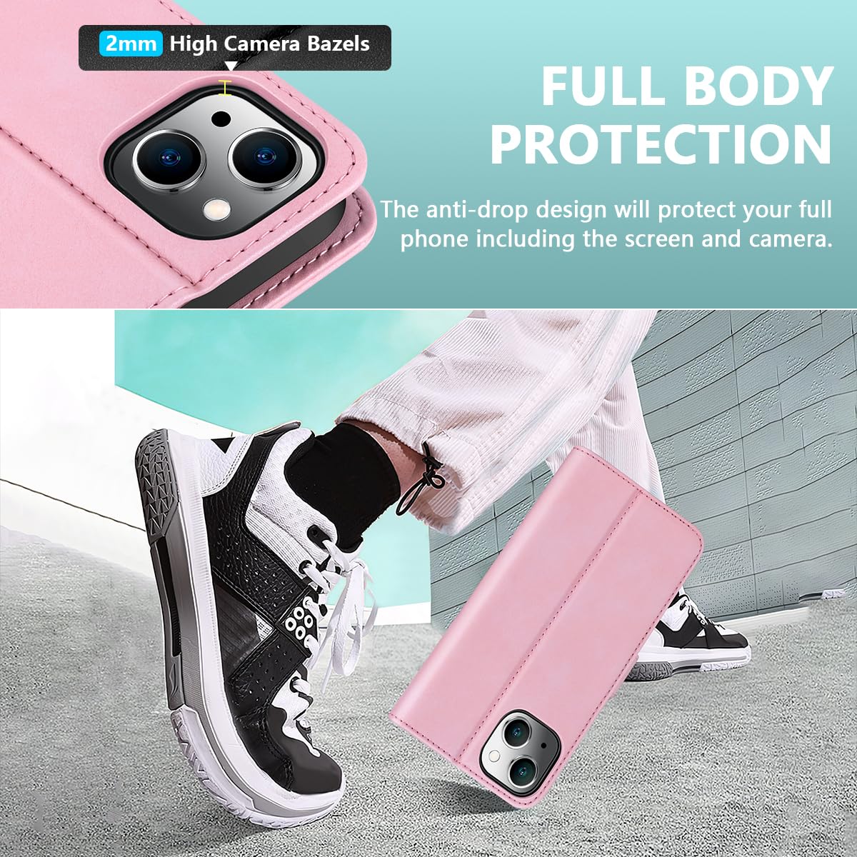 Premium Genuine Leather iPhone 13 Case with Card Holder & Magnetic Wallet - 6.1 Inch Shockproof Protective Cover with Stand (Pink) - Perfect for Business Professionals & Everyday Use