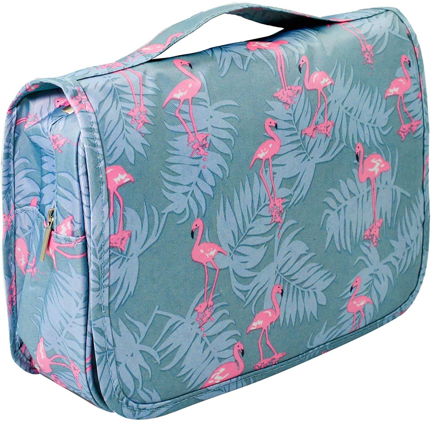Trawila Travel Hanging Toiletry Bag for Men & Women - Waterproof Cosmetic Organizer with Sturdy Hook, Light Blue Flamingo Design - Perfect for Camping, Gym, Business Trips & Vacation