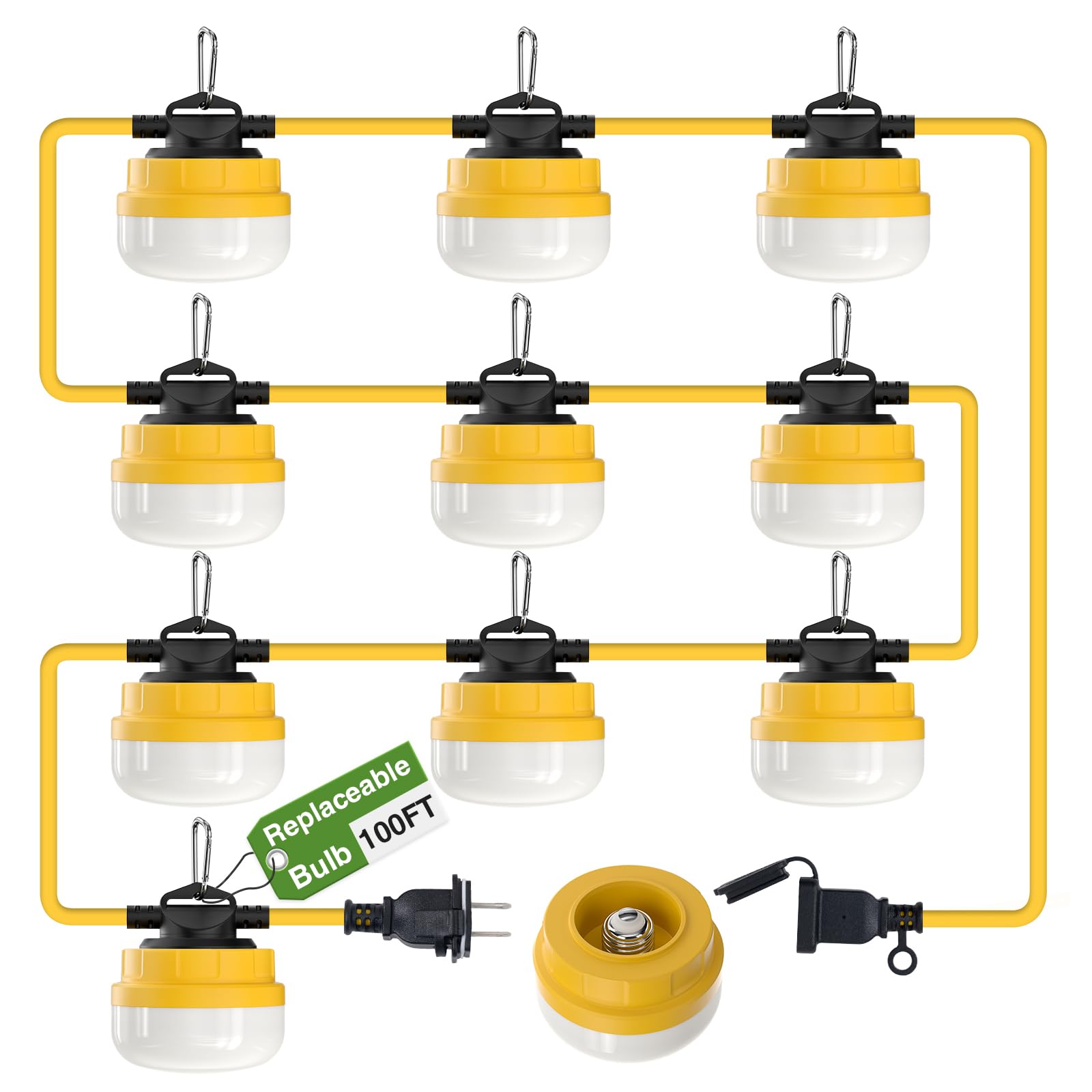 100FT Construction String Lights - 100W 12000LM IP65 Weatherproof Linkable Jobsite Work Light with 10 Replaceable Bulbs & Hanging Hooks | ETL Certified for Construction Sites, Warehouse, Backyard, Patio, Camping & Outdoor Events
