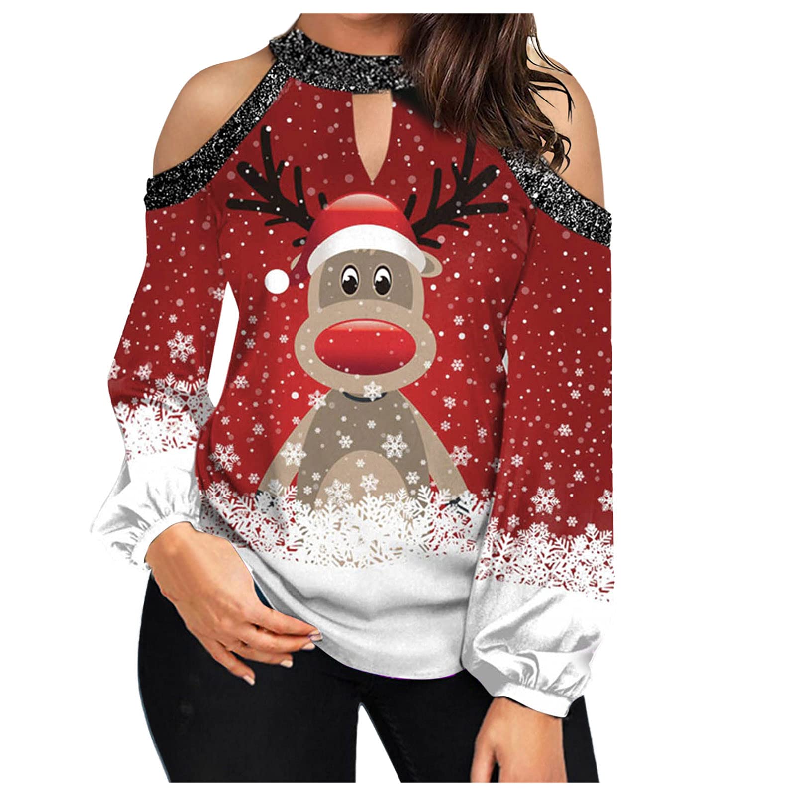 FMCHICO Women's Off Shoulder Christmas Tops - Casual Long Sleeve Pullover Blouse for Holiday Parties, Family Gatherings & Festive Outfits