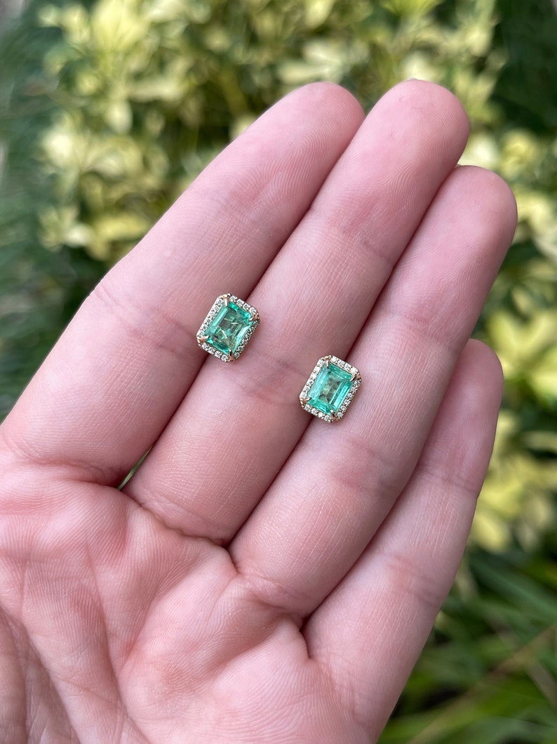 2.10tcw 14K Gold Classic 9x7mm Emerald Cut Natural Diamond Halo Stud Earrings - Perfect for Weddings, Anniversaries & Special Occasions