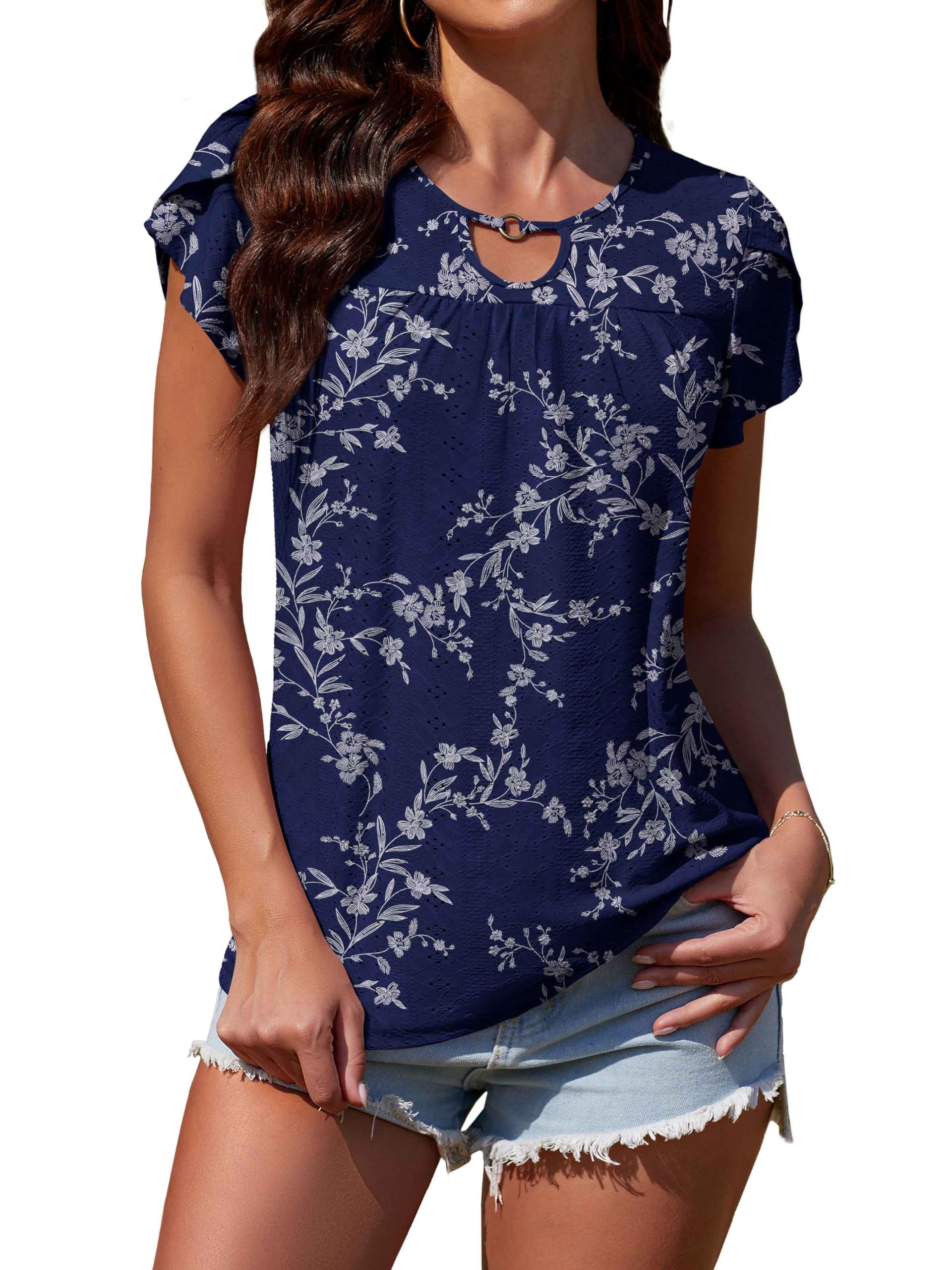 Elegant Women's Casual Short Sleeve Pleated Blouse with Petal Sleeves - Loose Fit Tunic Top for Office, Date Night & Summer Outings