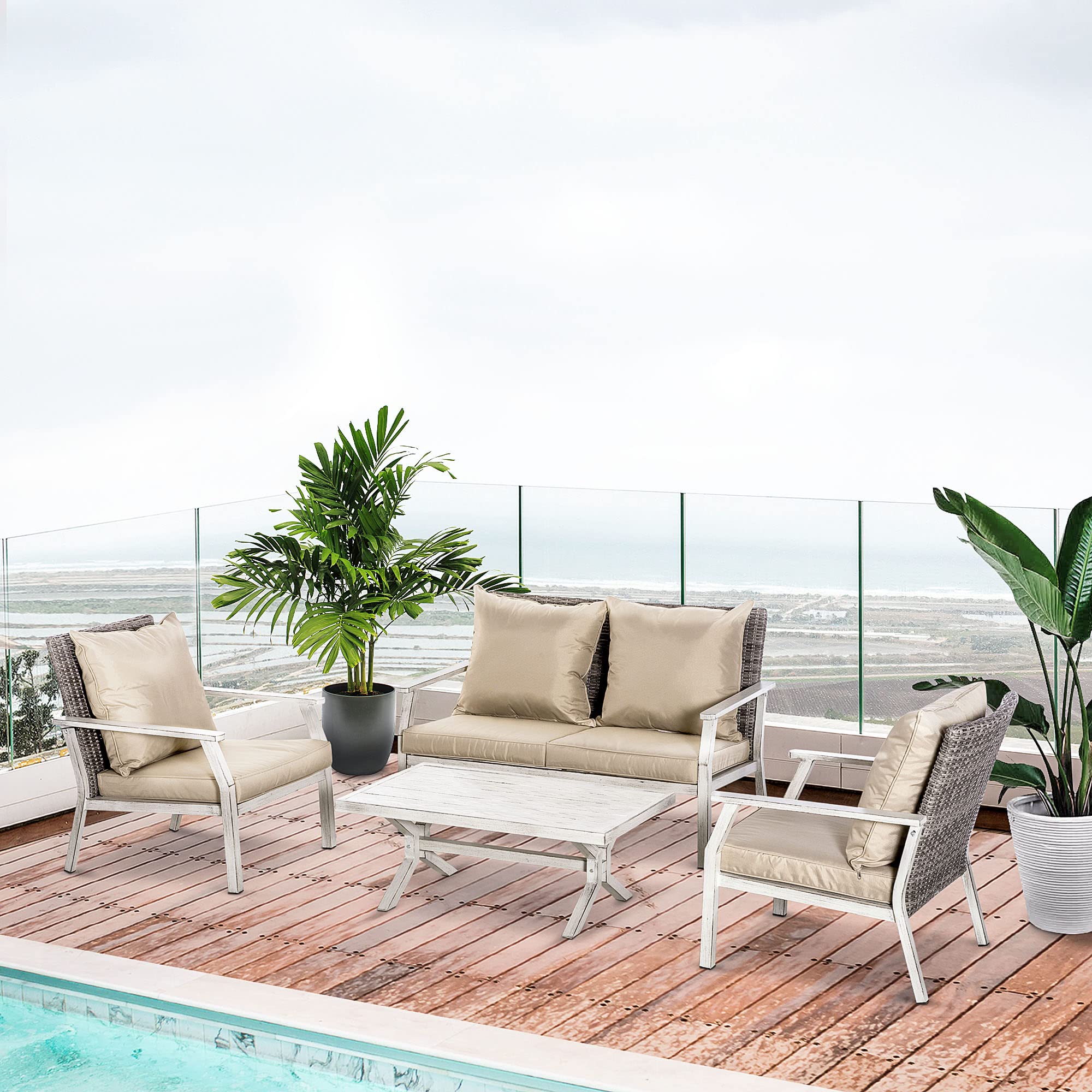 Outsunny 4-Piece Patio Furniture Set with Cushions - Outdoor Wicker Conversation Sofa Set with Aluminum Frame for Backyard, Poolside, Garden - Beige - Perfect for Relaxing, Entertaining, and Outdoor Gatherings