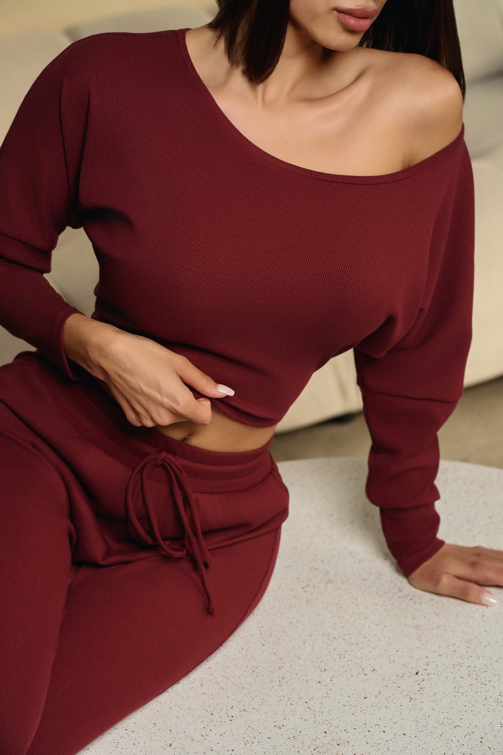 HMS Skins: Bordeaux Baby Rib Off Shoulder Long Sleeve Top for Women - Soft Stretchy Knit Shirt for Casual Wear, Date Night & Layering