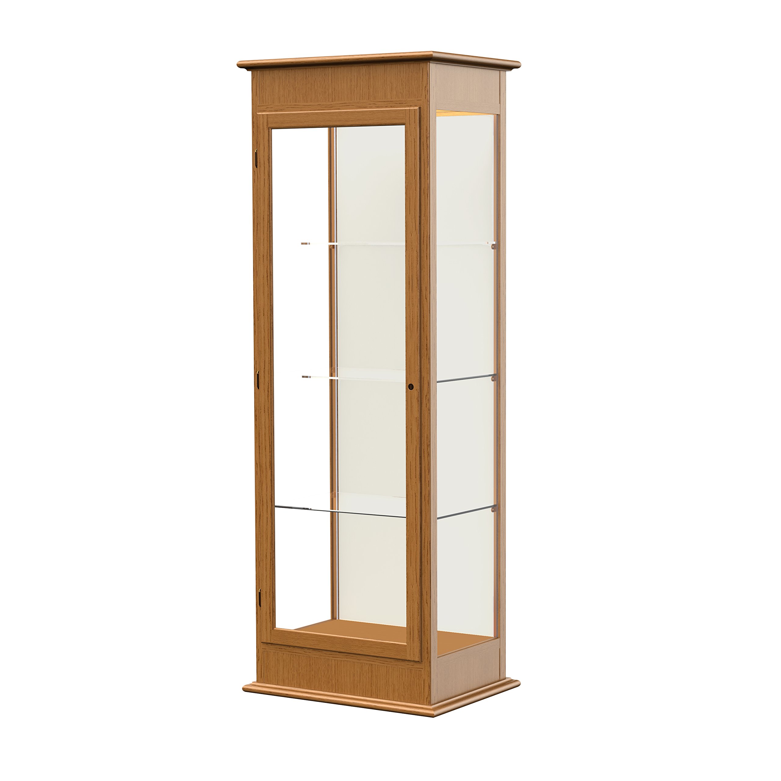 Waddell Varsity Hinged Door Lighted Display Case - 25W x 77H x 18D Inches - Carmel Oak Finish with Plaque Back - Perfect for Trophy, Award, and Memorabilia Showcase in Offices, Schools, and Homes