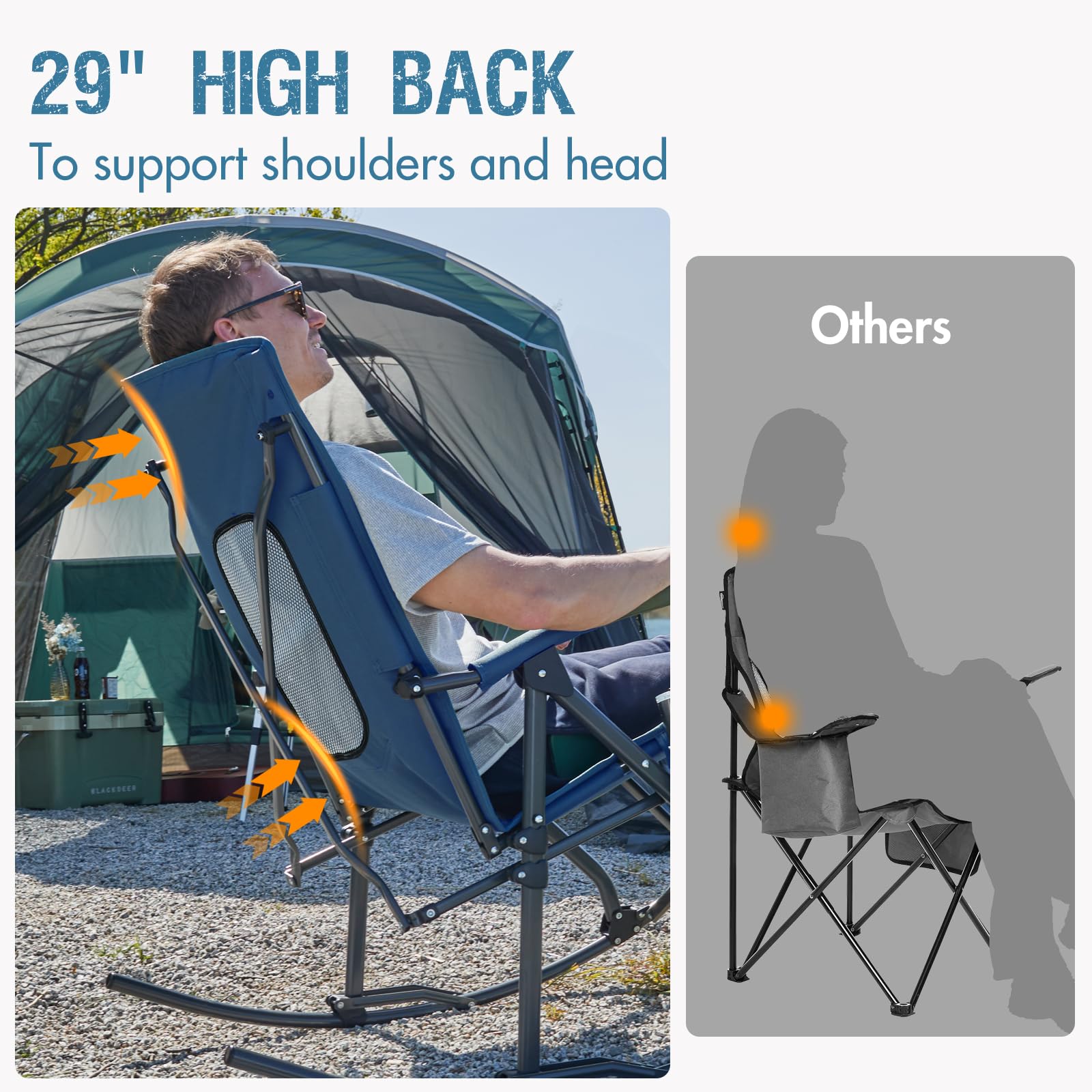 PORTAL Oversized Folding Rocking Camping Chair - Heavy Duty 400 lbs Capacity Portable Outdoor Rocker with High Back Support, Hard Armrests & Carry Bag - Perfect for Backyard, Beach, Picnics & Camping Trips