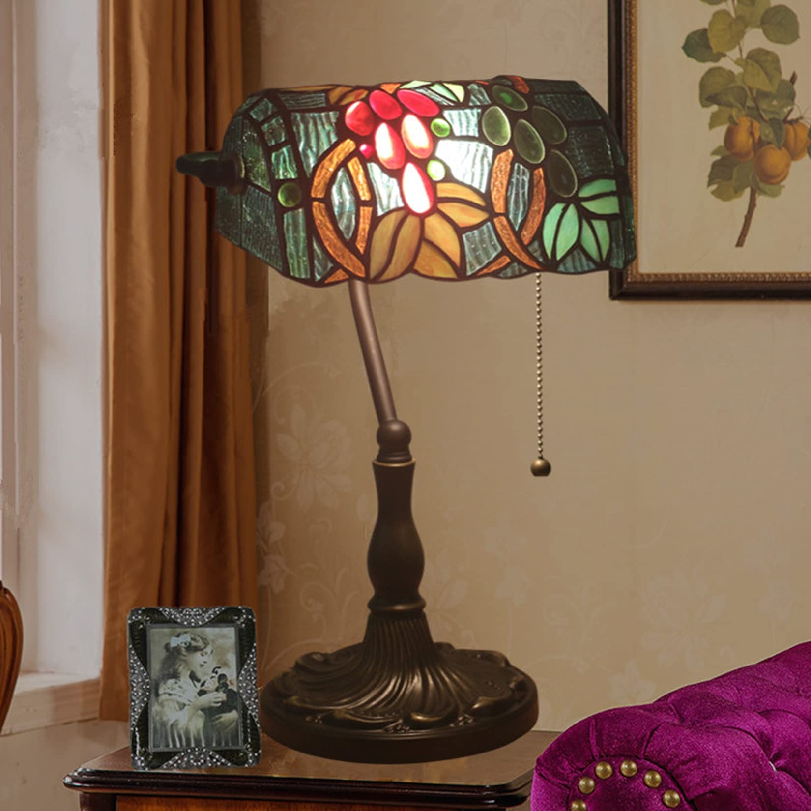 Vintage Tiffany Style Stained Glass Bankers Table Lamp - Antique Alloy Base with Zipper Switch, Grape Design for Piano Desk, Bedroom, Study & Office Lighting - Perfect for Home Decor, Reading Nook and Cozy Ambience