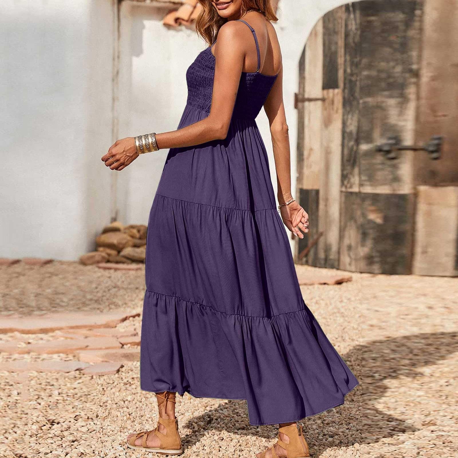 Women's Summer Boho Beach Dress - Flowy Ruffle Smocked Tiered Swing Midi Sundress with Sling | Perfect for Vacations, Pool Parties & Casual Outings
