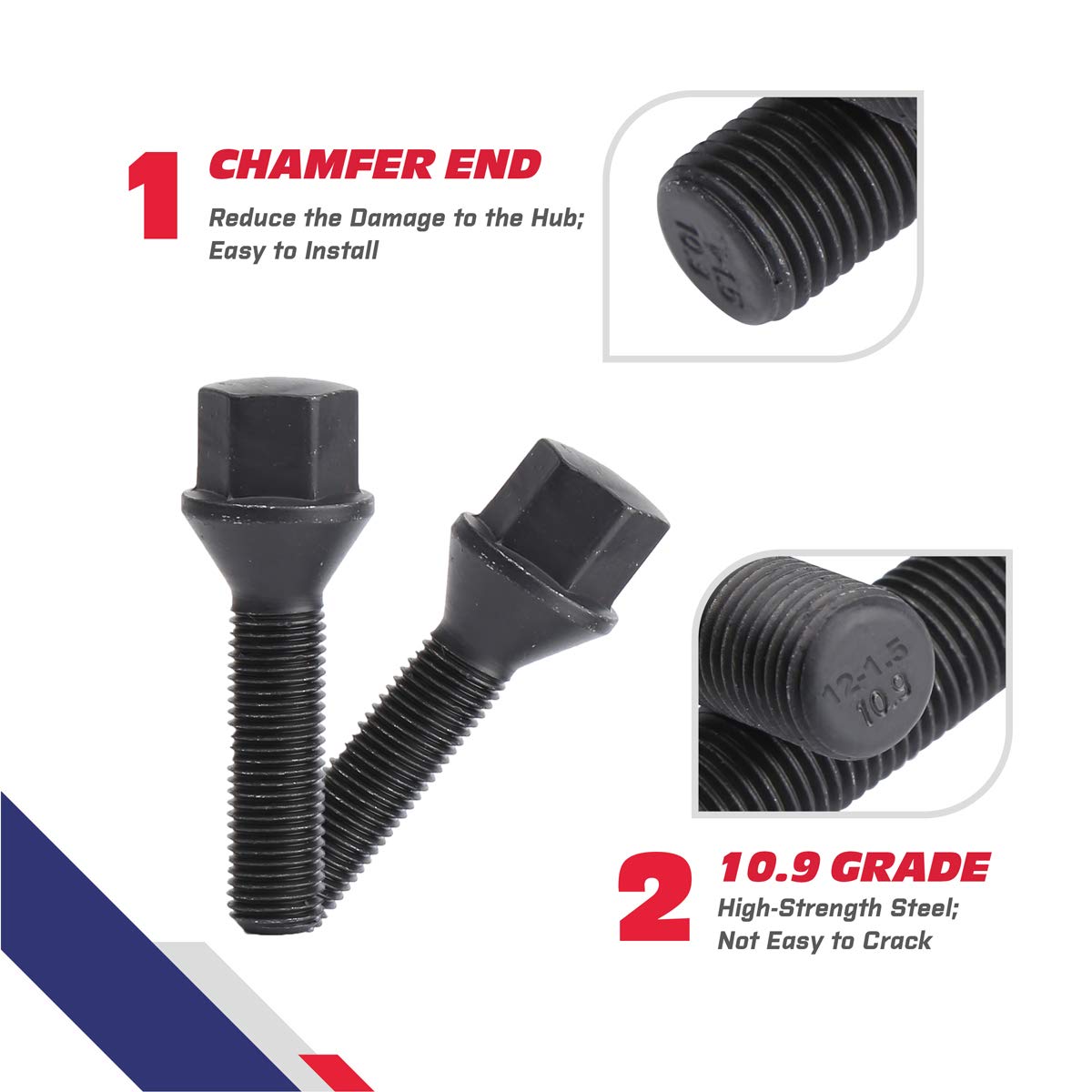 12x1.5mm Tuner Lug Bolts - KSP Conical Seat 45mm Shank for Aftermarket Wheels (5PCS Black) - Secure Wheel Fitment
