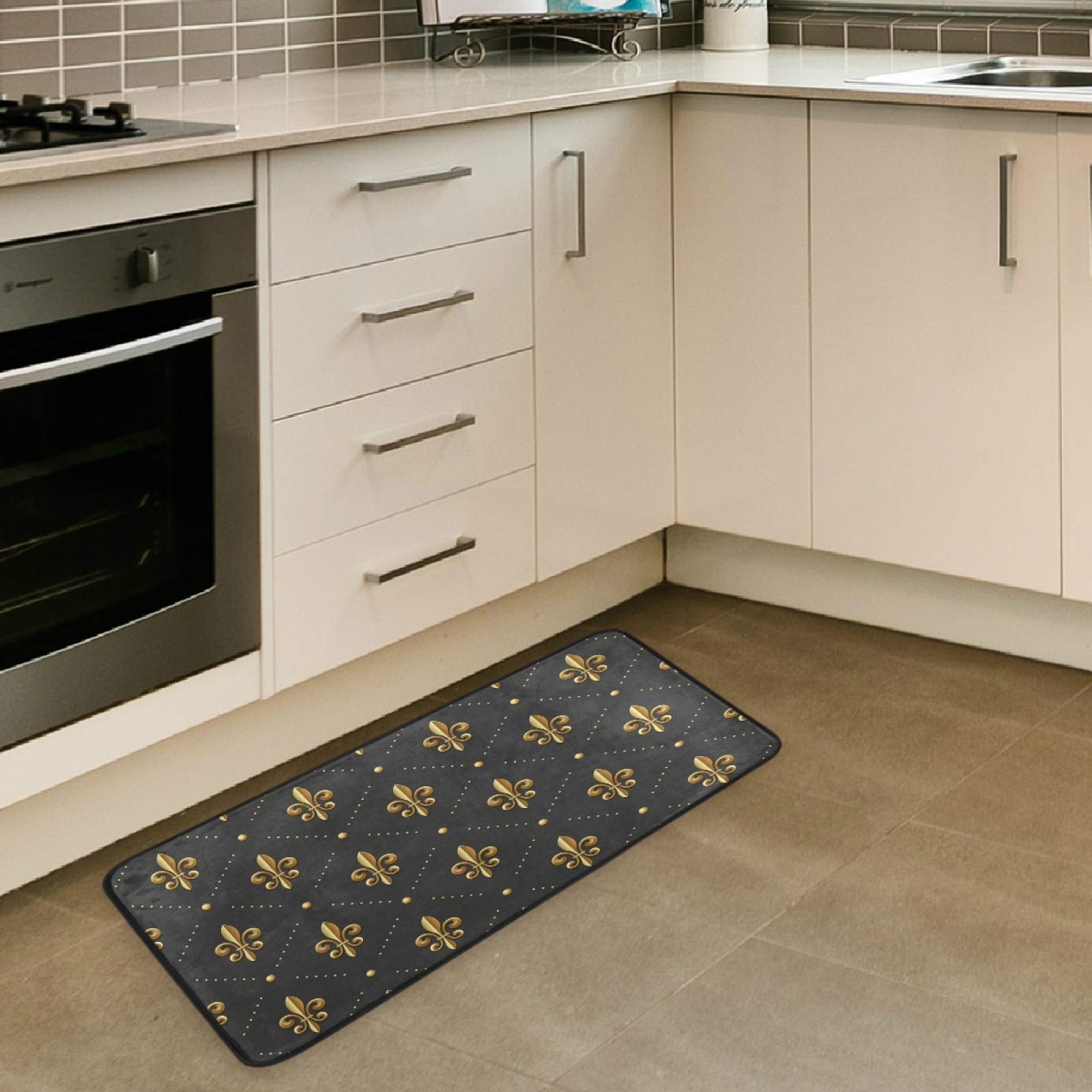 Susiyo Golden Fleur Lis Anti-Fatigue Kitchen Mat - Non-Slip, Oil-Resistant, Easy Clean Floor Rug for Indoor/Outdoor Use - Perfect for Kitchens, Bathrooms & Entryways