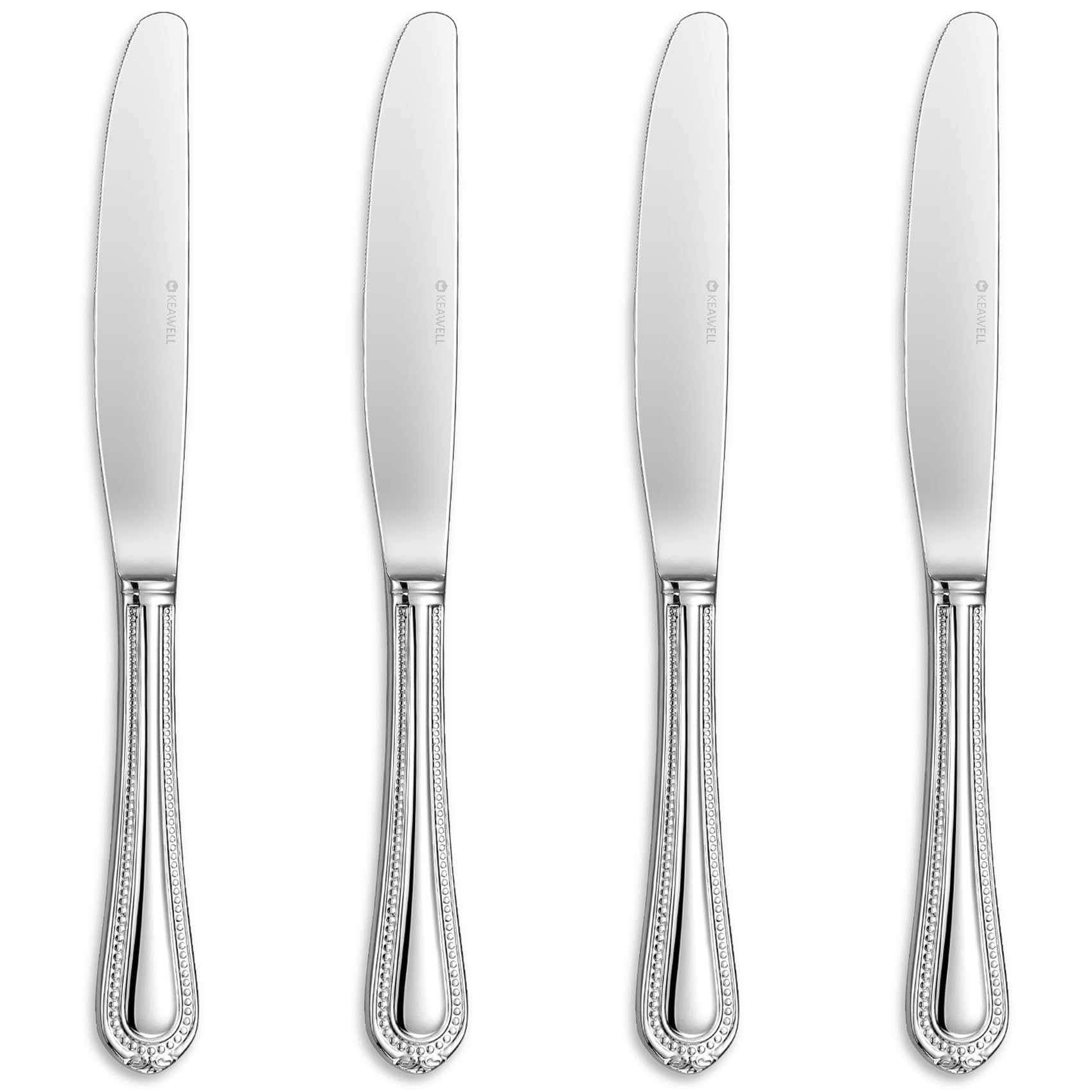 KEAWELL 4-Piece Premium Stainless Steel Dinner Knives Set - Elegant Pearl Edge Design, Mirror Polished 9.6 Inch Table Knives, Dishwasher Safe (Silver) - Perfect for Fine Dining, Wedding Cutlery & Formal Dinner Parties