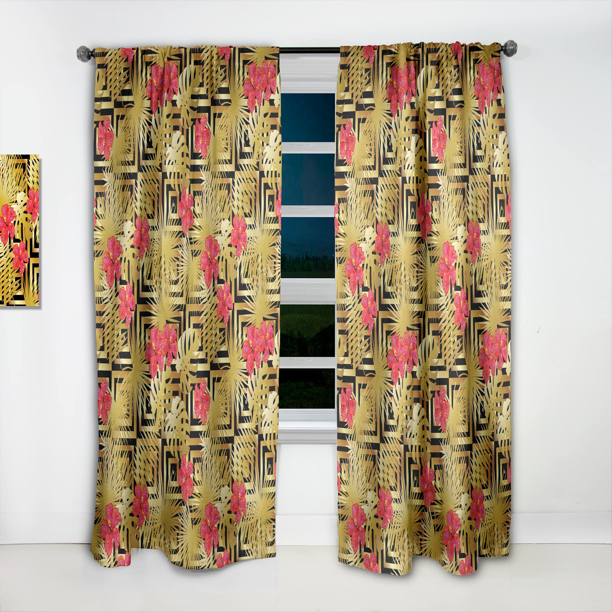 DesignQ Tropical Gold Luxury Pattern Thermal Insulated Curtains - Single Panel 52x108 - Elegant Drapes for Bedroom & Living Room - Perfect for Home Decor, Sun Blocking & Energy Saving