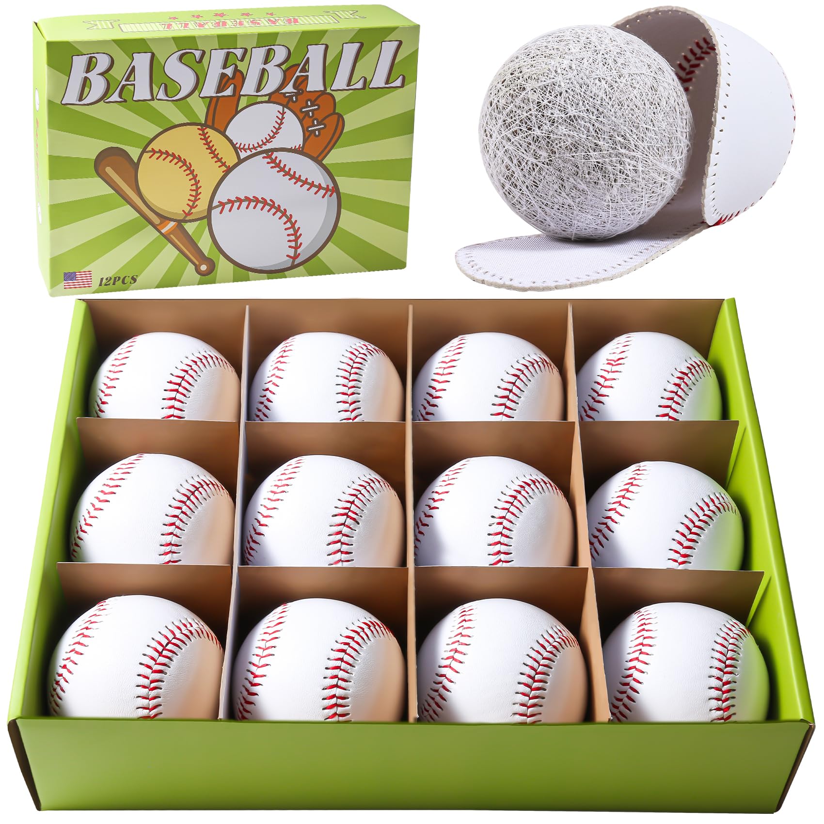 12 Pack Official Size Adult Baseballs - 9 Inch Leather-Covered Training Balls for Baseball Practice, Pitching, Hitting, Fielding & Autographs | Perfect for League Games, Training Sessions & Sports Collectibles