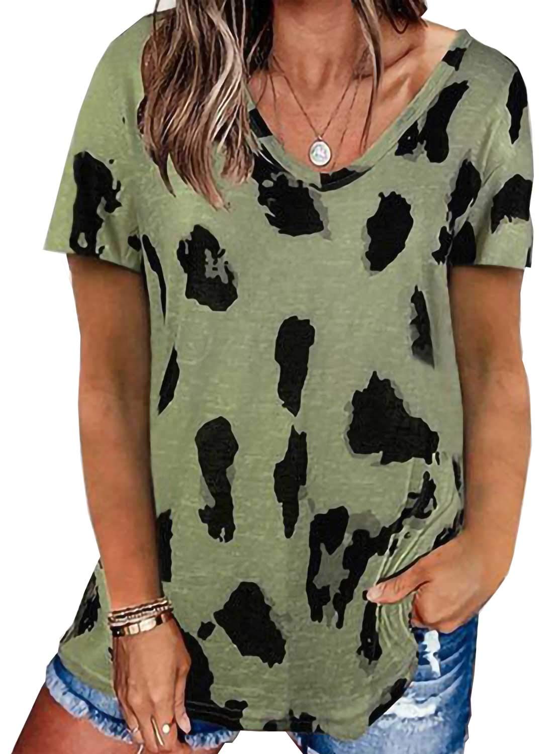 YIJIU Women's Leopard Print Short Sleeve V-Neck T-Shirt - Loose Fit Casual Summer Blouse for Women | Perfect for Beach Outings, Date Nights & Weekend Wear