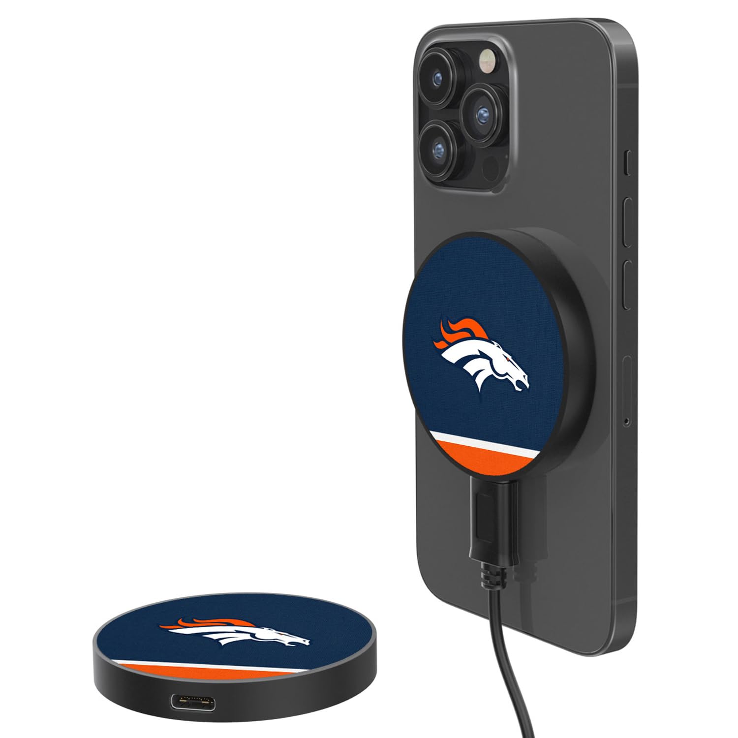 Denver Broncos 10W Wireless Magnetic Charger with Stripe Design - Fast Charging for iPhone 12/13/14/15, AirPods - Perfect for Home, Office & Travel