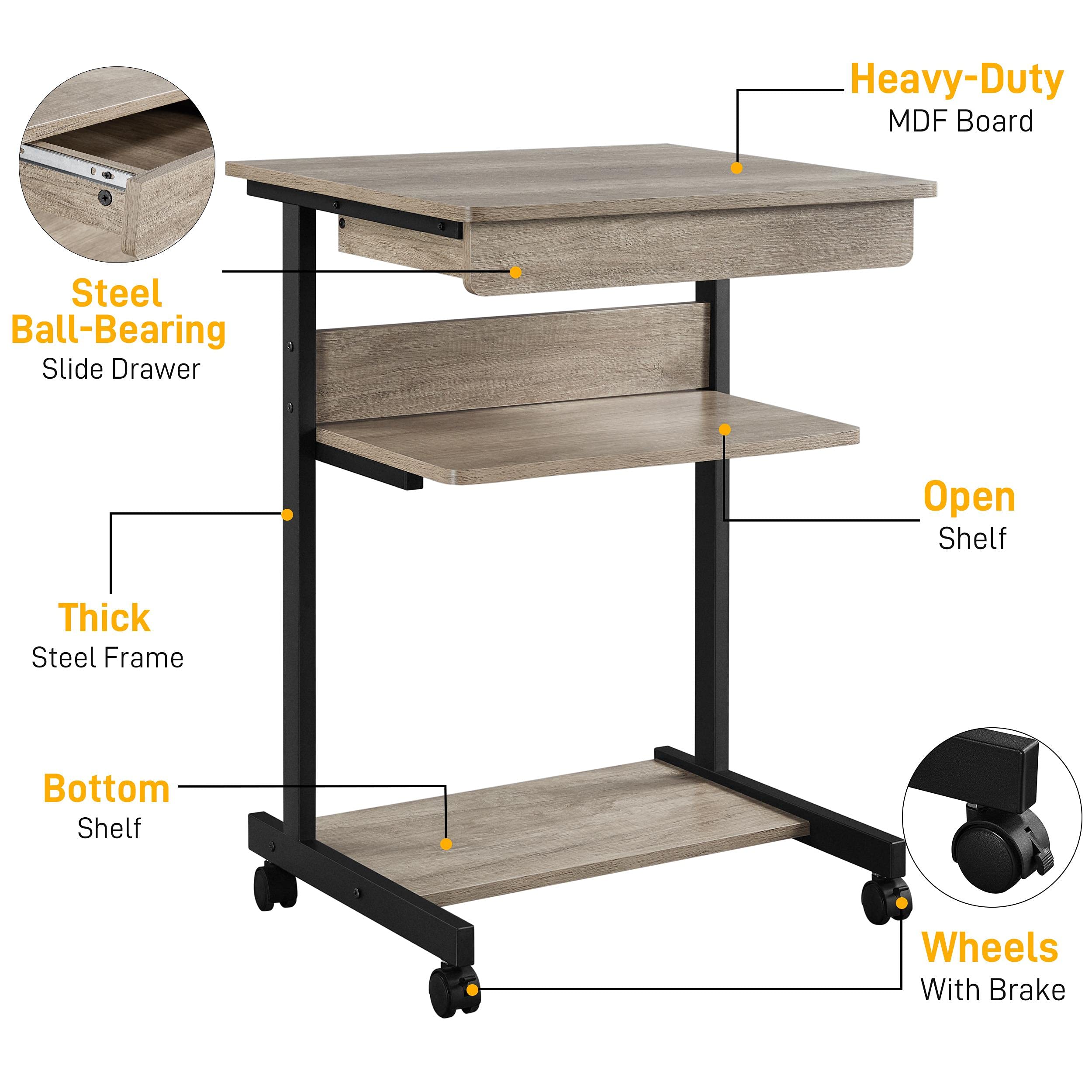 Yaheetech Rolling Computer Desk with Drawer & Keyboard Tray - Adjustable Mobile Laptop Desk Cart Standing Workstation for Home Office, Study & Small Spaces - Ergonomic Gray Computer Table for Work from Home & Remote Learning