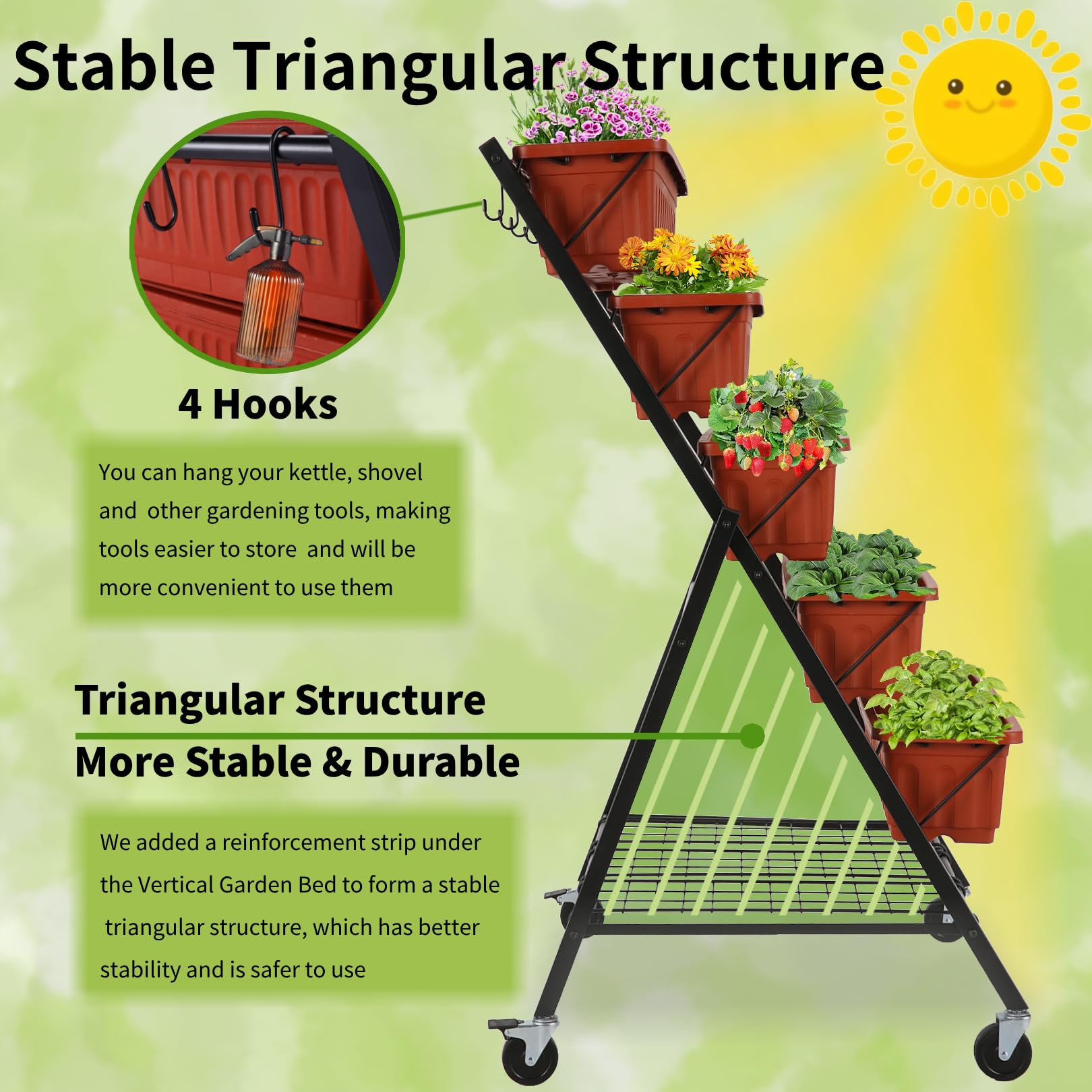 Homdox 4FT Vertical Garden Bed - 5 Tier Raised Planter Stand for Vegetables & Flowers (25.6x26x48 Inch) with 4 Hooks, 4 Wheels & Storage Rack - Brown | Perfect for Small Spaces, Balconies, Patios & Indoor Gardening
