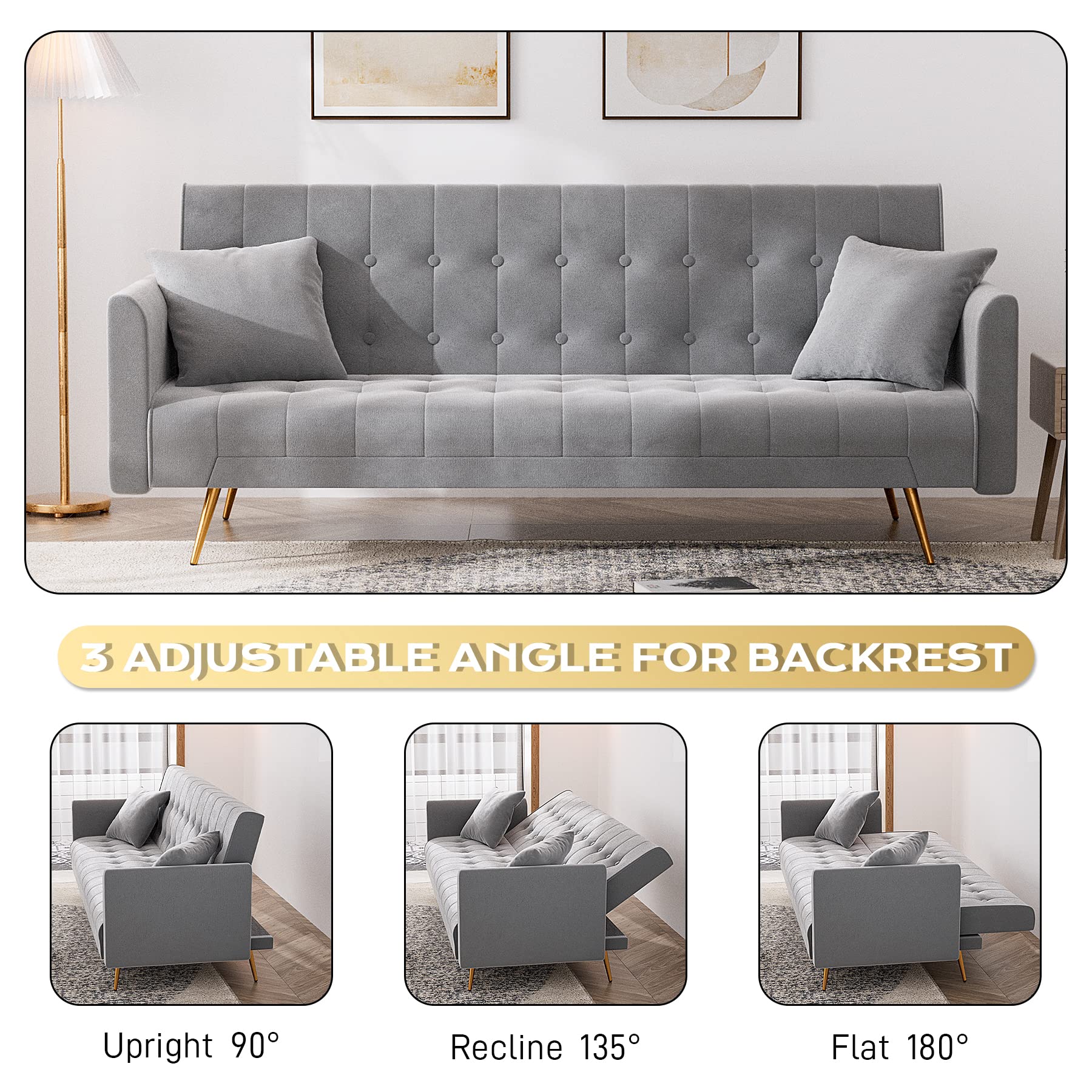 OUYESSIR 71-inch Velvet Convertible Futon Sofa Bed with 2 Pillows - Sturdy Sleeper Couch for Small Spaces, Grey | Perfect for Guest Rooms, Apartments & Dorm Rooms