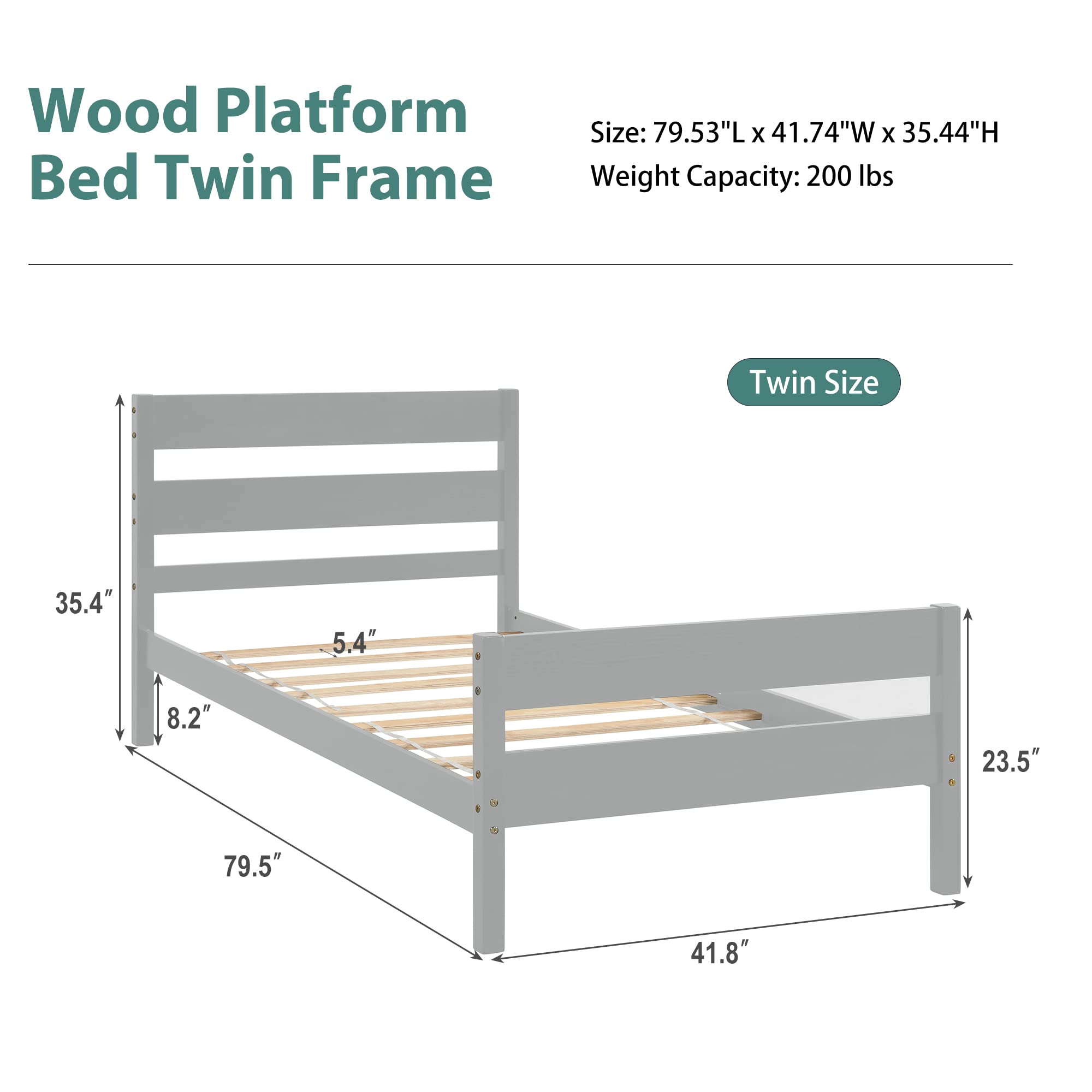 Olela Twin Bed Frame - Sturdy Wood Platform Bed with Headboard for Kids & Teens, No Box Spring Needed, Grey - Perfect for Bedrooms, Dorms, and Guest Rooms