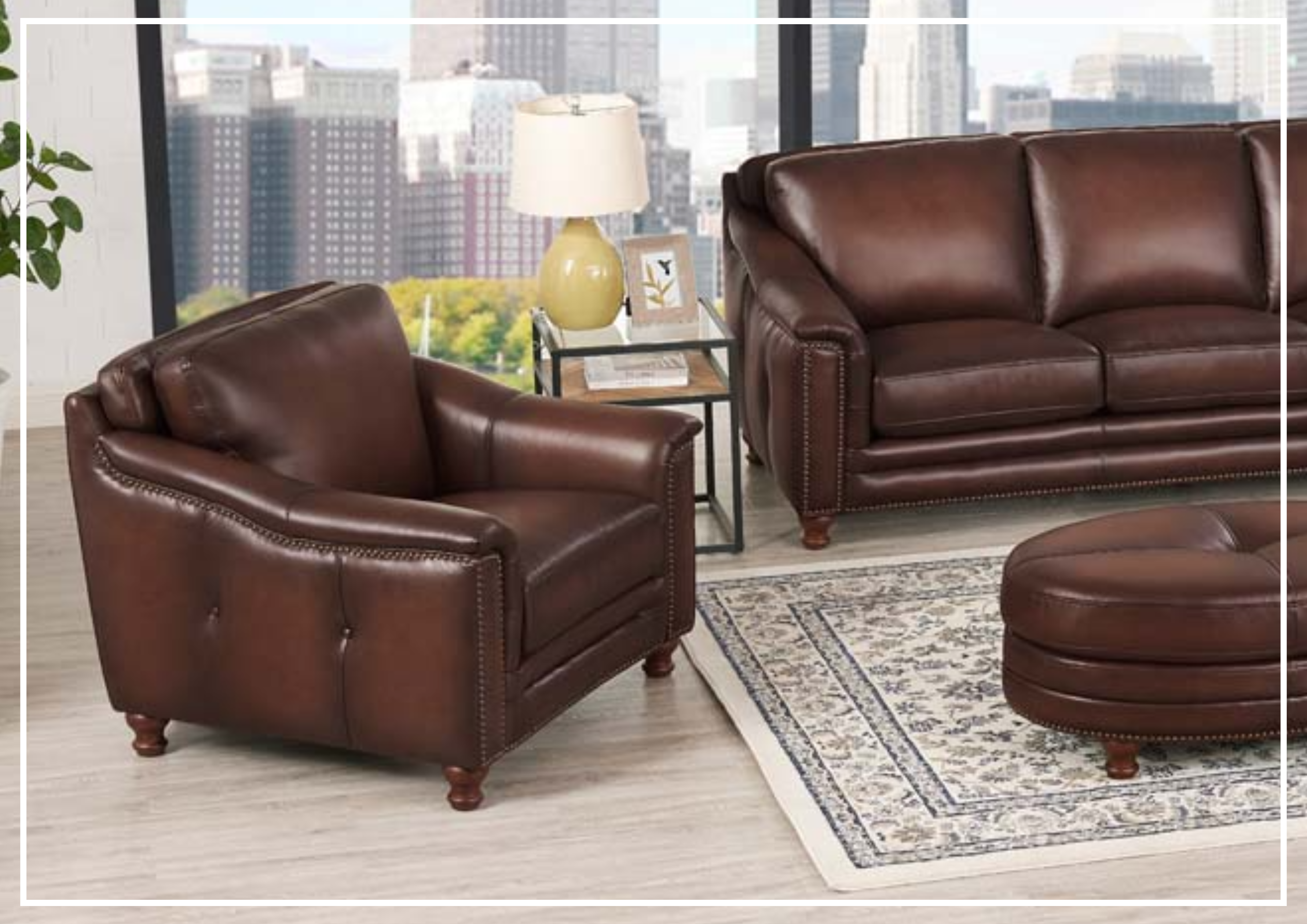 Premium Hydeline Belfast Brown Leather Chair with Nailhead Trim - Luxurious Office & Living Room Seating for Home & Workspace