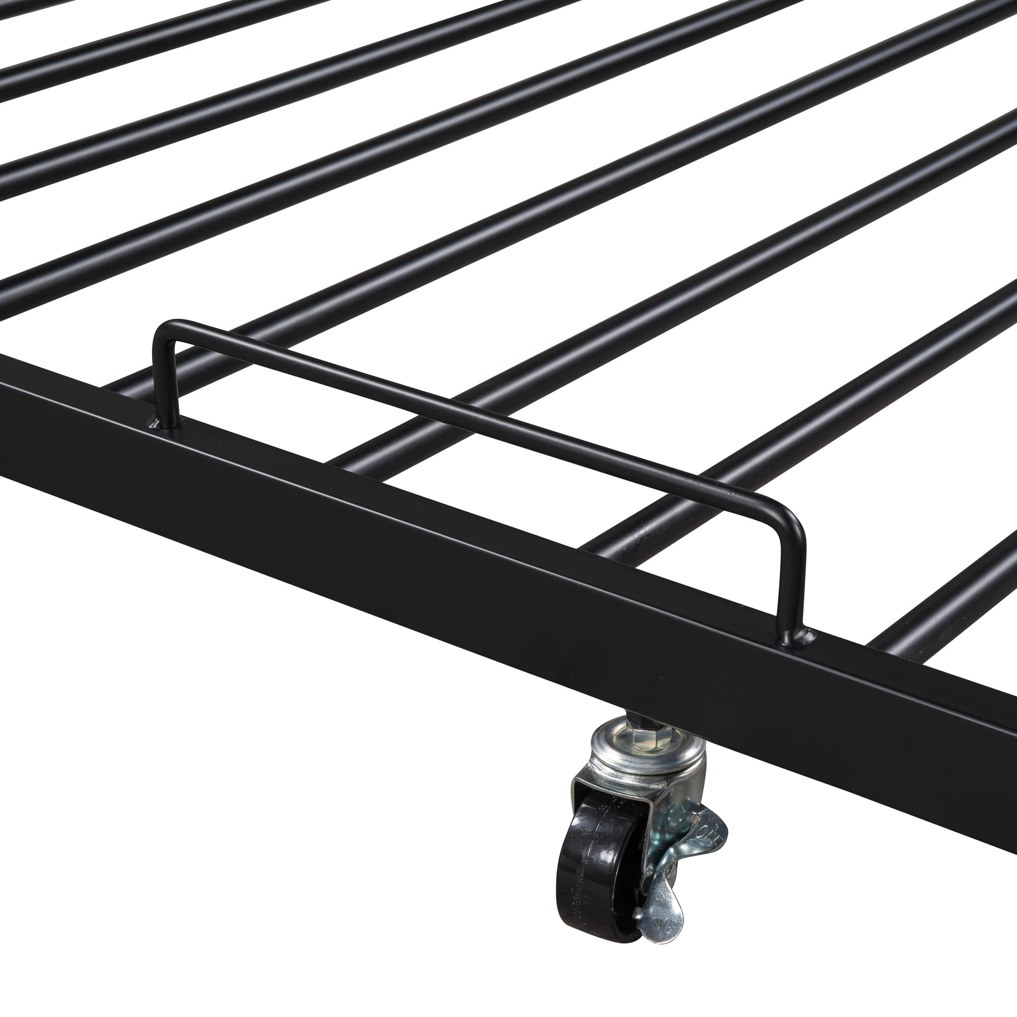 SOFTSEA Queen Size Metal Platform Bed Frame with Trundle & USB Ports - Storage Headboard with Shelf - Black Modern Bed for Bedroom & Guest Room - Perfect for Small Spaces & Overnight Guests