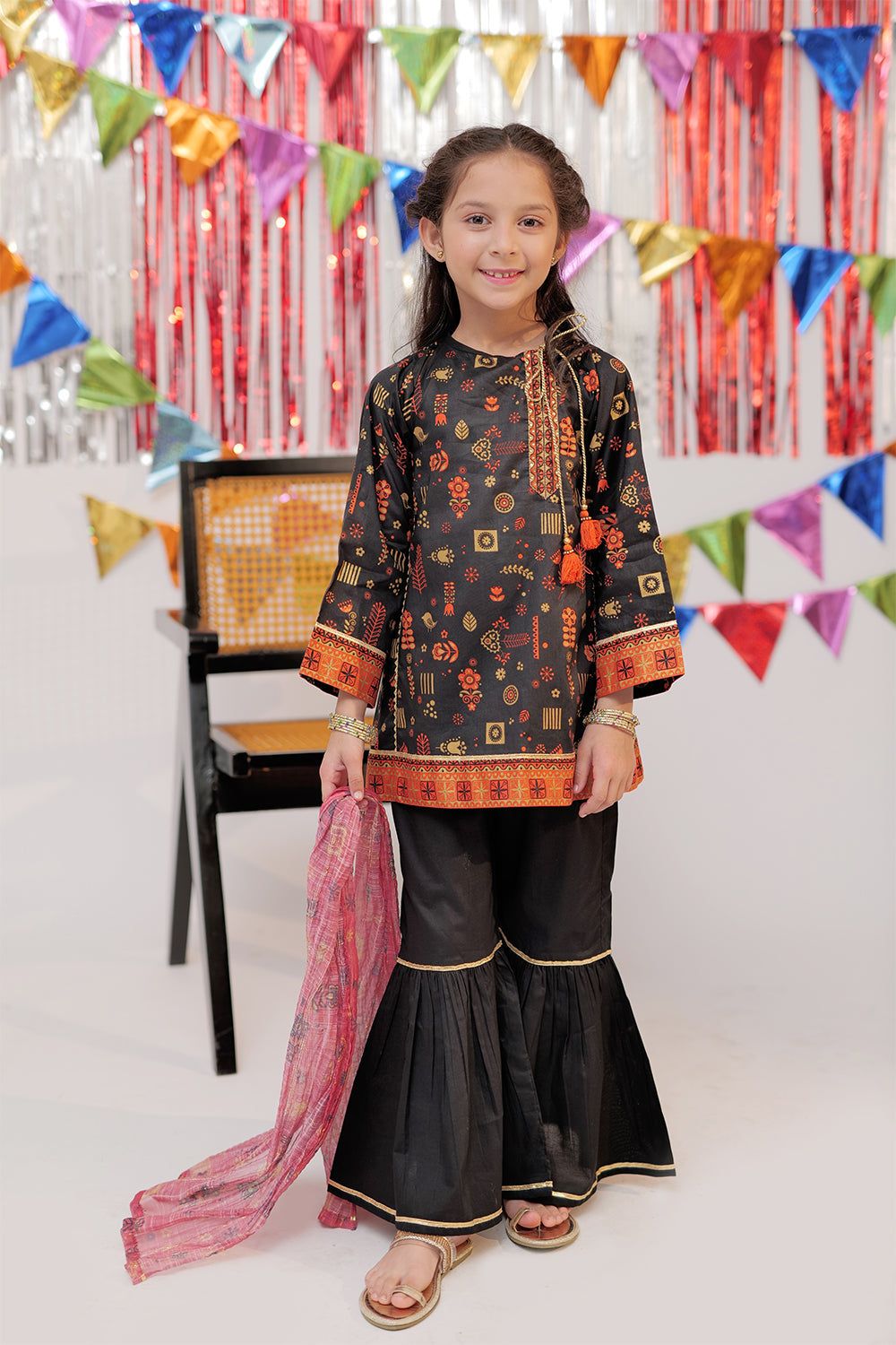 Elegant Cotton Gold Printed Lawn Black 3 Piece Stitched Suit for Senorita - Perfect for Weddings, Parties & Special Occasions