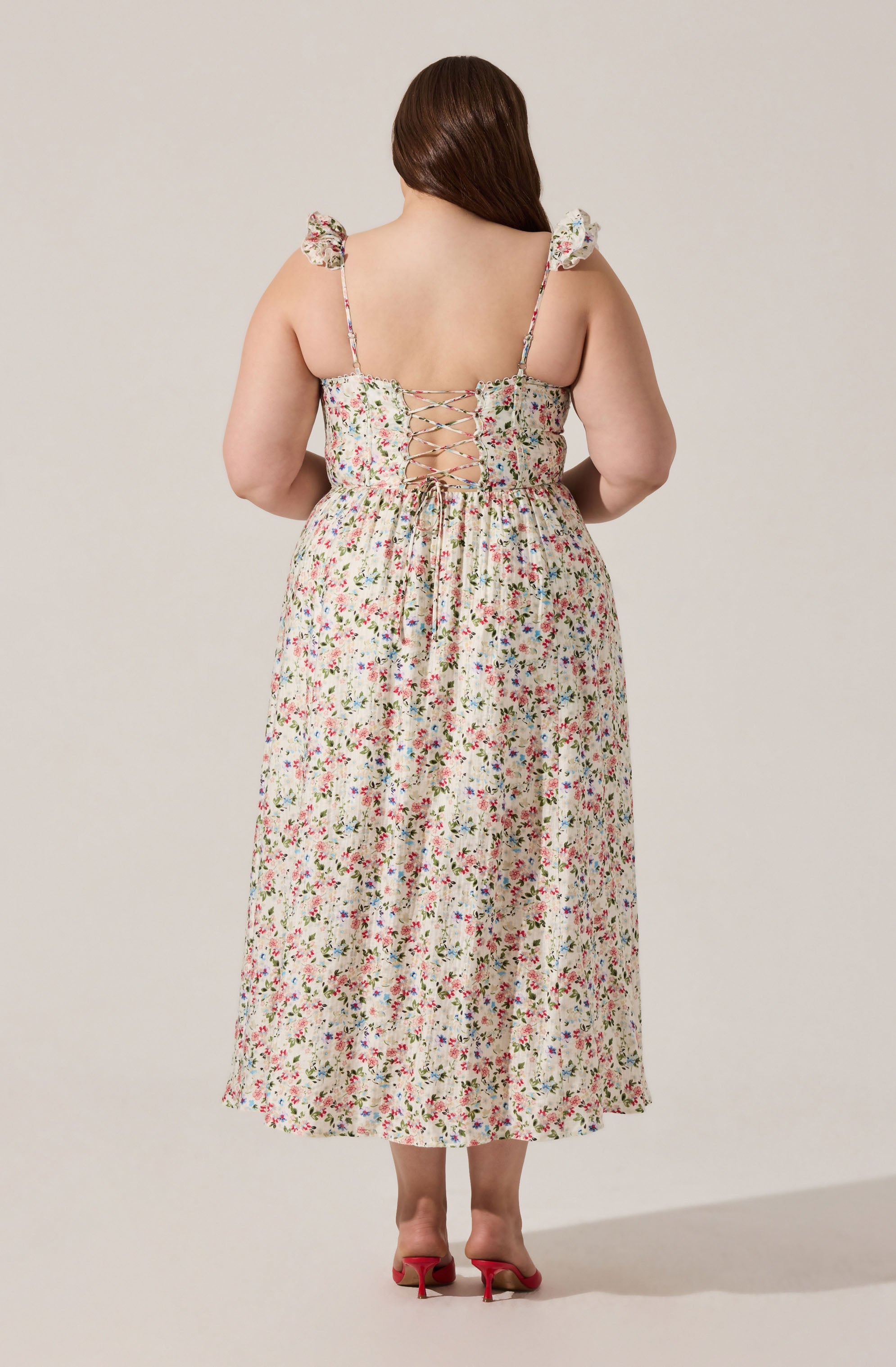 Wedelia Floral Bustier Midi Dress for Women - Summer Flowy Boho Dress with Ruffles & Lace Trim - Perfect for Beach Weddings, Date Nights & Vacation Outfits