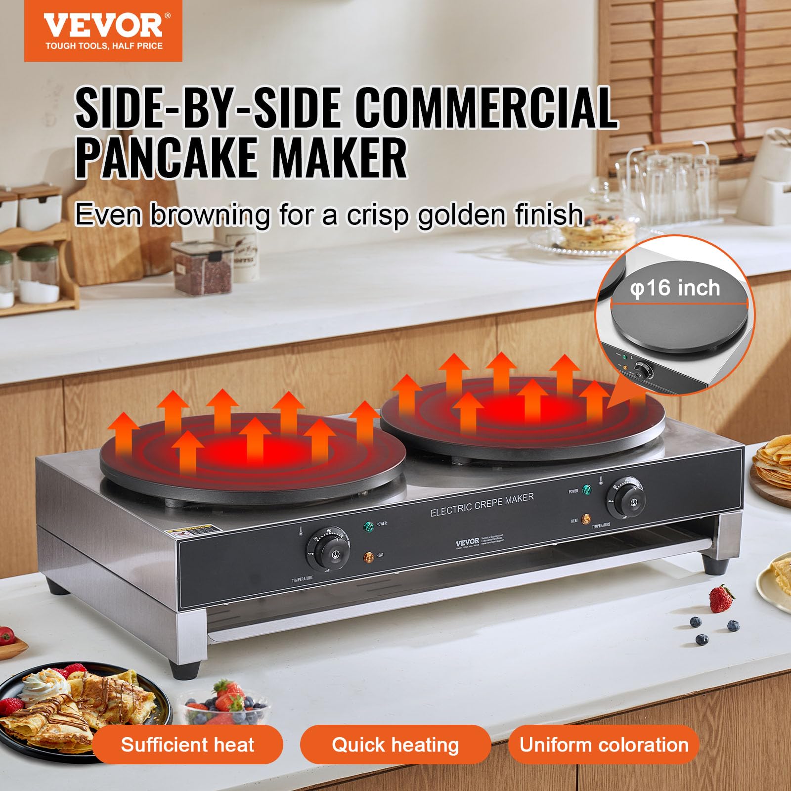 VEVOR 16-Inch Commercial Electric Crepe Maker - 3400W Double Head Nonstick Griddle with Temperature Control | Stainless Steel Pancake Machine for Breakfast, Desserts & Catering Business