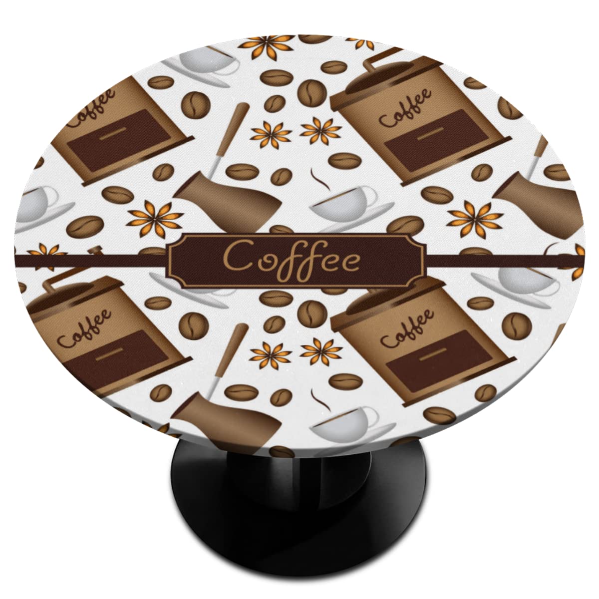 Premium Coffee-Themed Elastic Edge Round Tablecloth - Waterproof & Wipeable Fitted Cover for 36