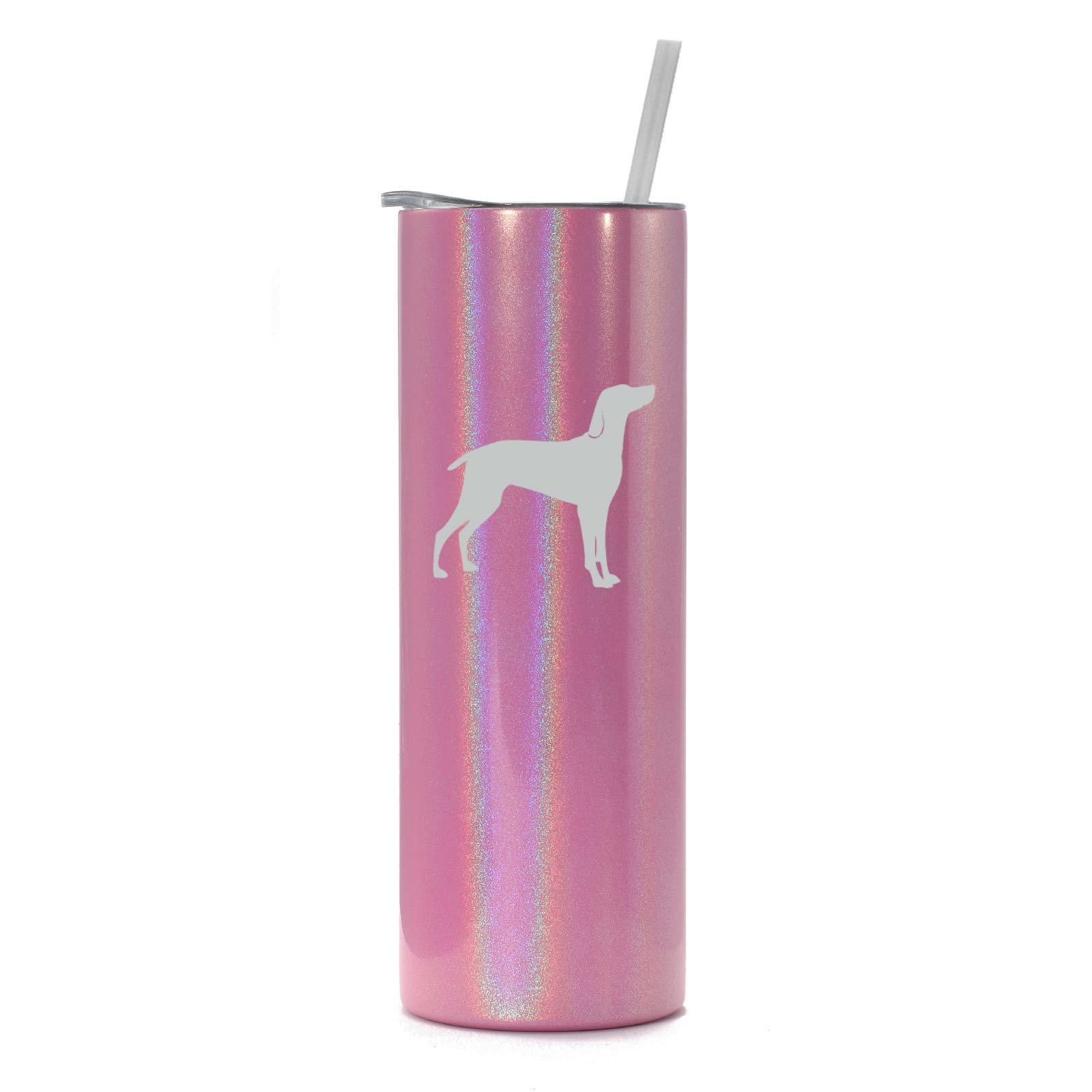 20 oz Skinny Tall Tumbler - Stainless Steel Vacuum Insulated Travel Mug with Straw & Lid - Weimaraner Design (Pink Iridescent Glitter) - Perfect for Coffee, Tea & Cold Drinks On The Go