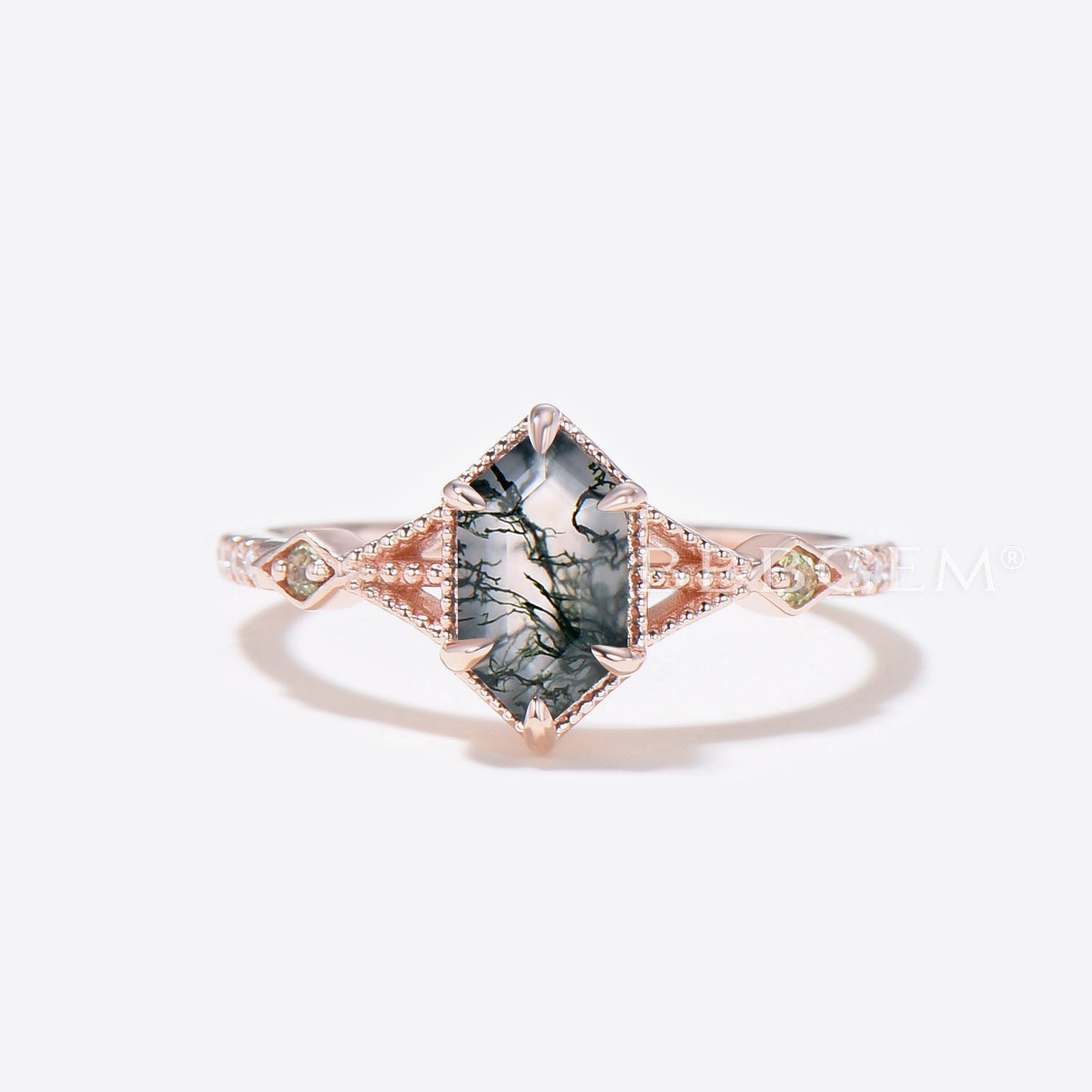 Long Hexagon Cut Moss Agate Ring Set - Rose Gold 3 Stone Engagement Ring for Women | Wedding, Anniversary & Promise Jewelry Gift