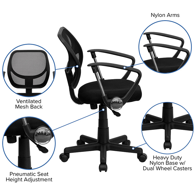 FLASH Neri Kids Low Back Black Mesh Swivel Task Office Chair with Curved Square Back and Arms - Ergonomic Study Chair for Children, Perfect for Homework, Online Classes & Gaming Desks