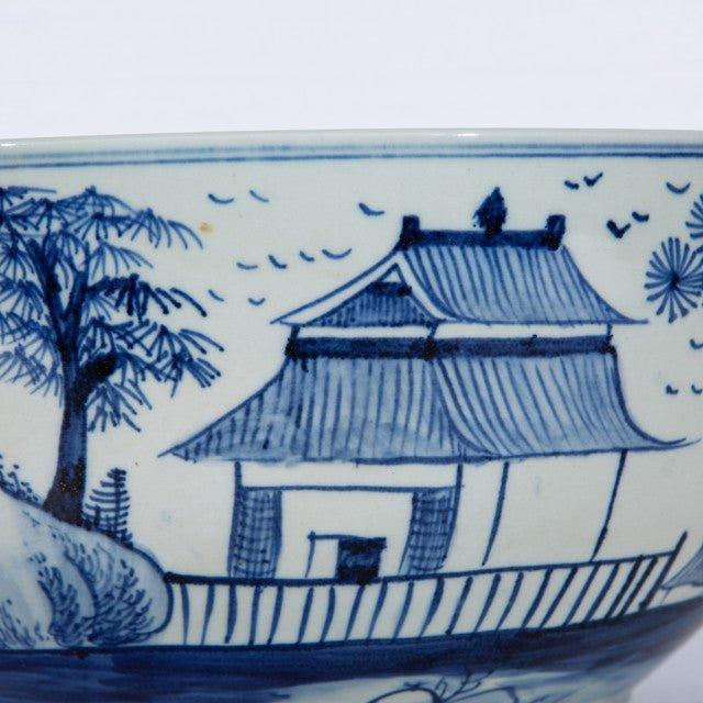 Hand-Painted Blue and White Porcelain Bowl - Traditional Village House Design - Perfect for Soup, Salad, and Decorative Display