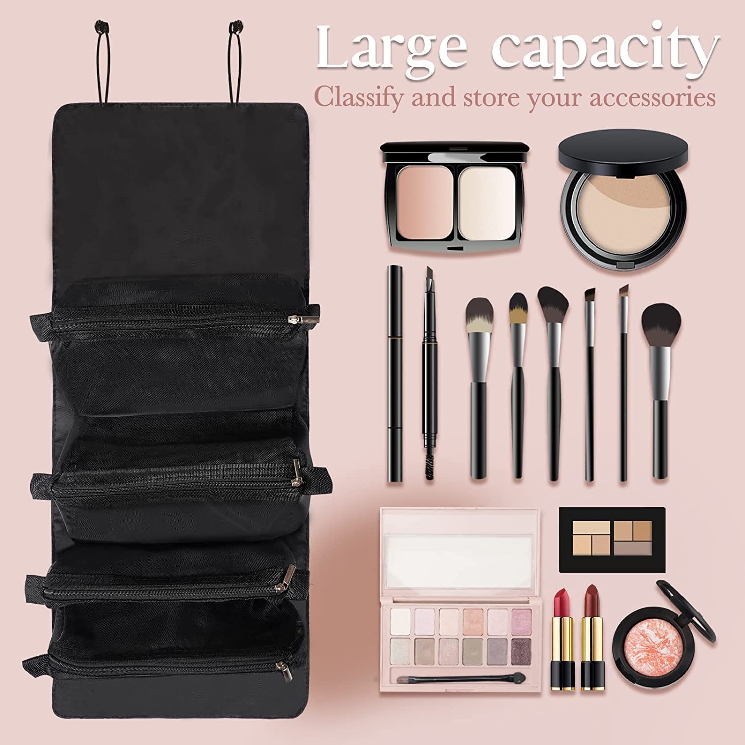 4-in-1 Large Capacity Cosmetic Mesh Bag & Toiletry Pouch for Men & Women - Waterproof Makeup Organizer & Travel Essentials Storage (Black) - Perfect for Travel, Gym, Camping & Daily Organization