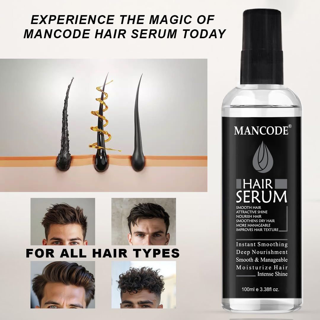 Mancode Hair Serum for Men - Instant Shine & Smoothness, Frizz-Free Soft & Silky Hair Treatment for Dry & Wet Hair - 100ml (3.38 fl oz) - Perfect for Daily Styling, Work & Special Occasions