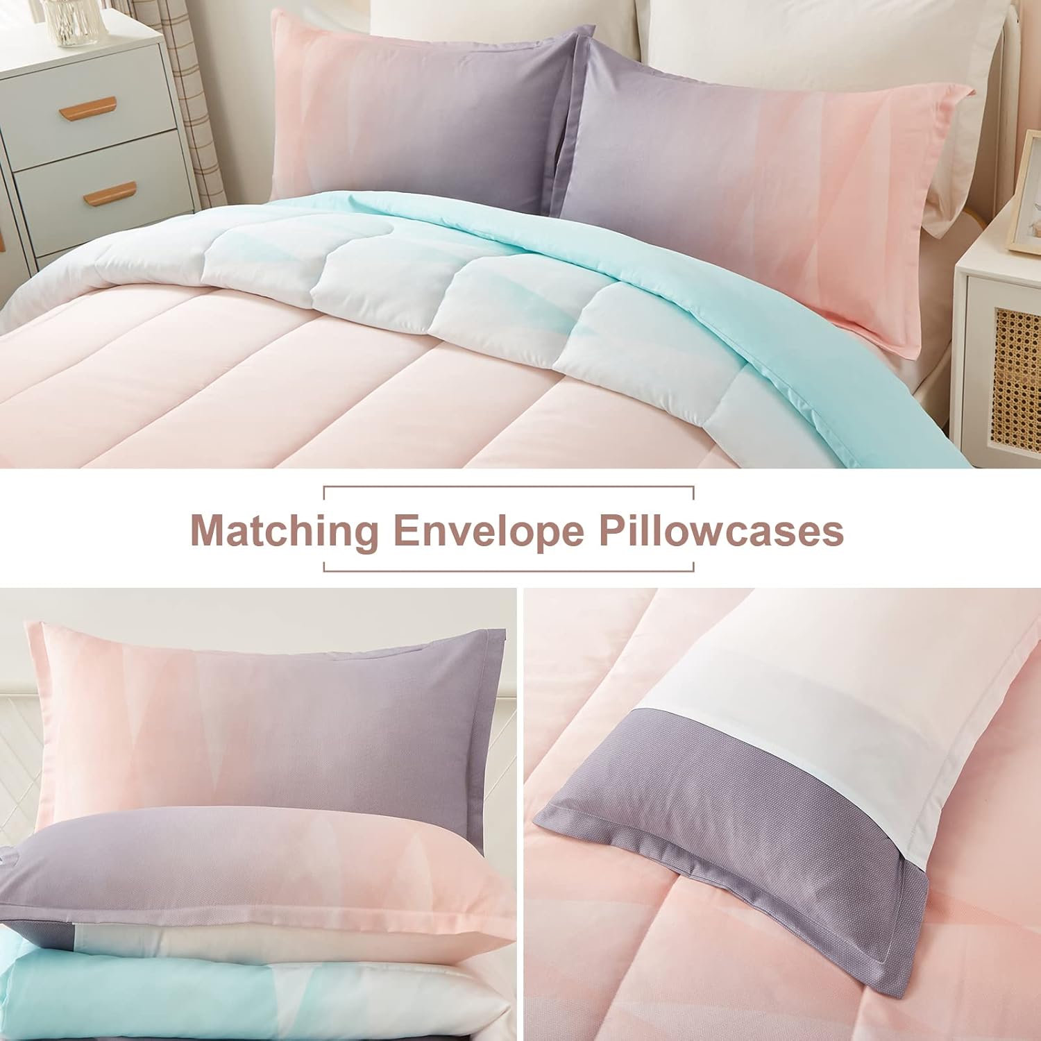Girls Comforter Set Queen Size - Ombre Blue Pink Rainbow 3 Piece Bedding Collection for Teen Girls Room Decor, Soft & Cozy Bed Set for Kids Bedroom